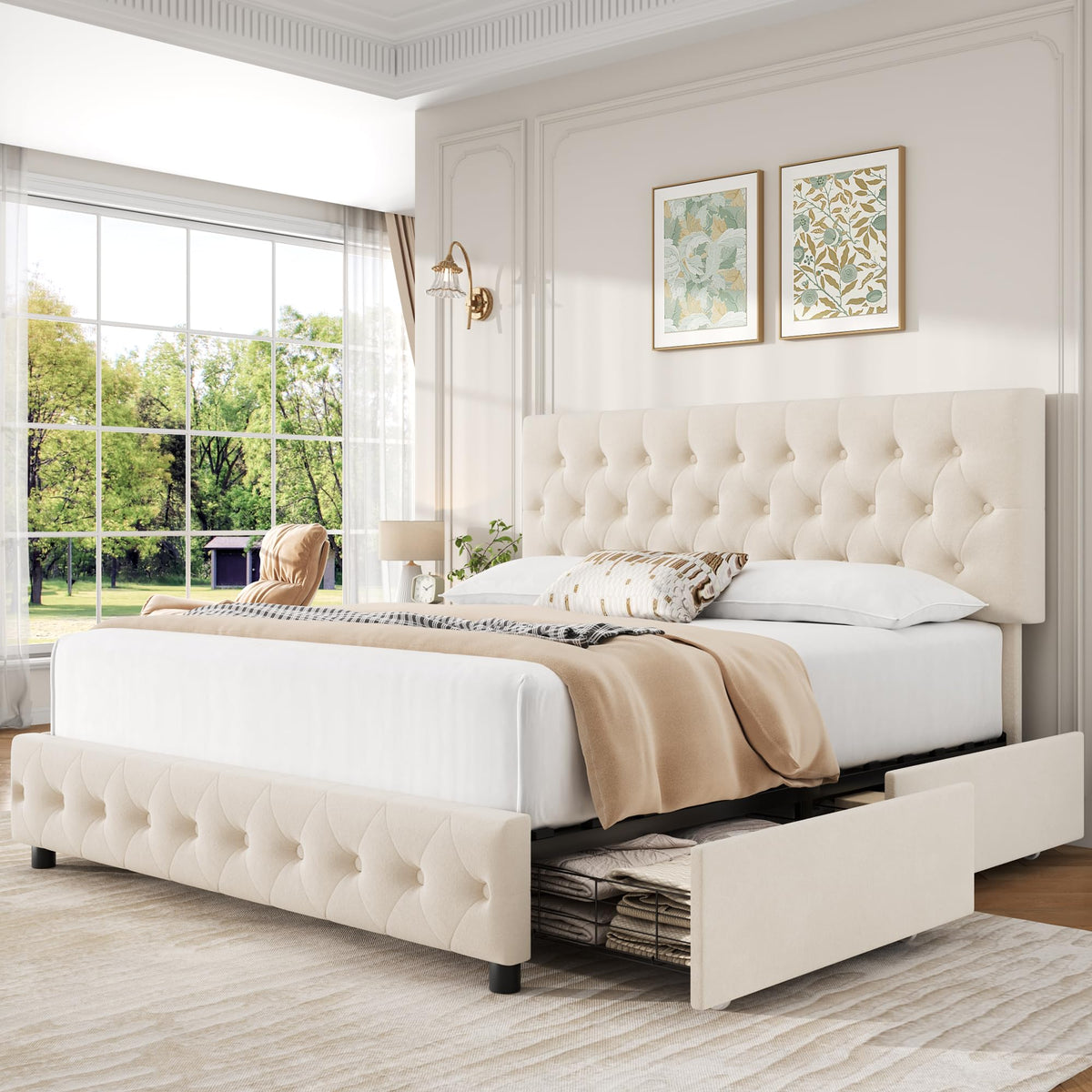 Keyluv Modern Queen Size Upholstered Bed Frame with 4 Storage Drawers, Button Tufted Headboard Design, Solid Wooden Slat Support, Easy Assembly, Soft Velvet, Beige