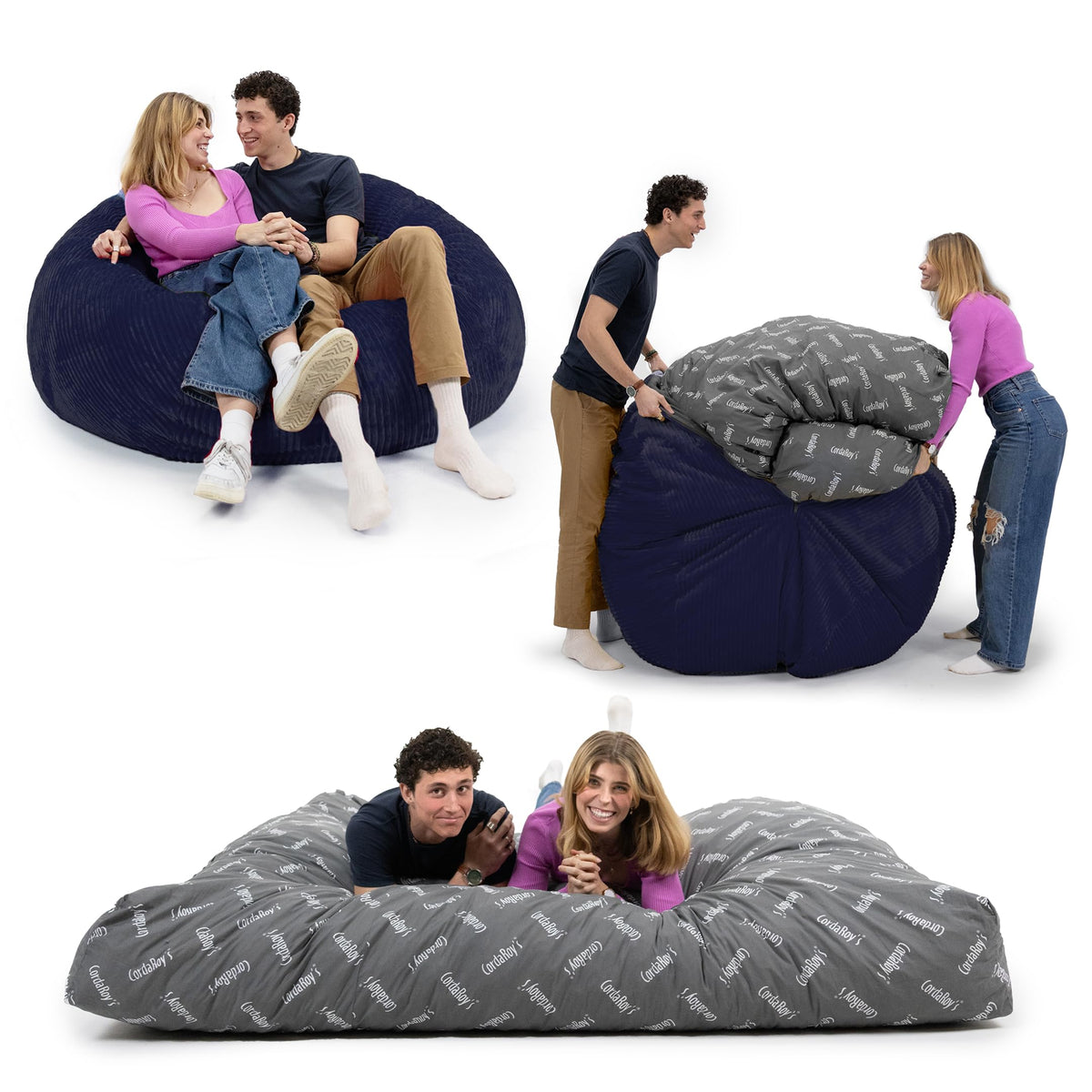 CordaRoy's Plush Bean Bag - Convertible Bean Bag Chair - Machine-Washable Plush Fabric Cover - for Basement, Living Room, Game Room, Dorm & More - King Size - Indigo | Made in The USA