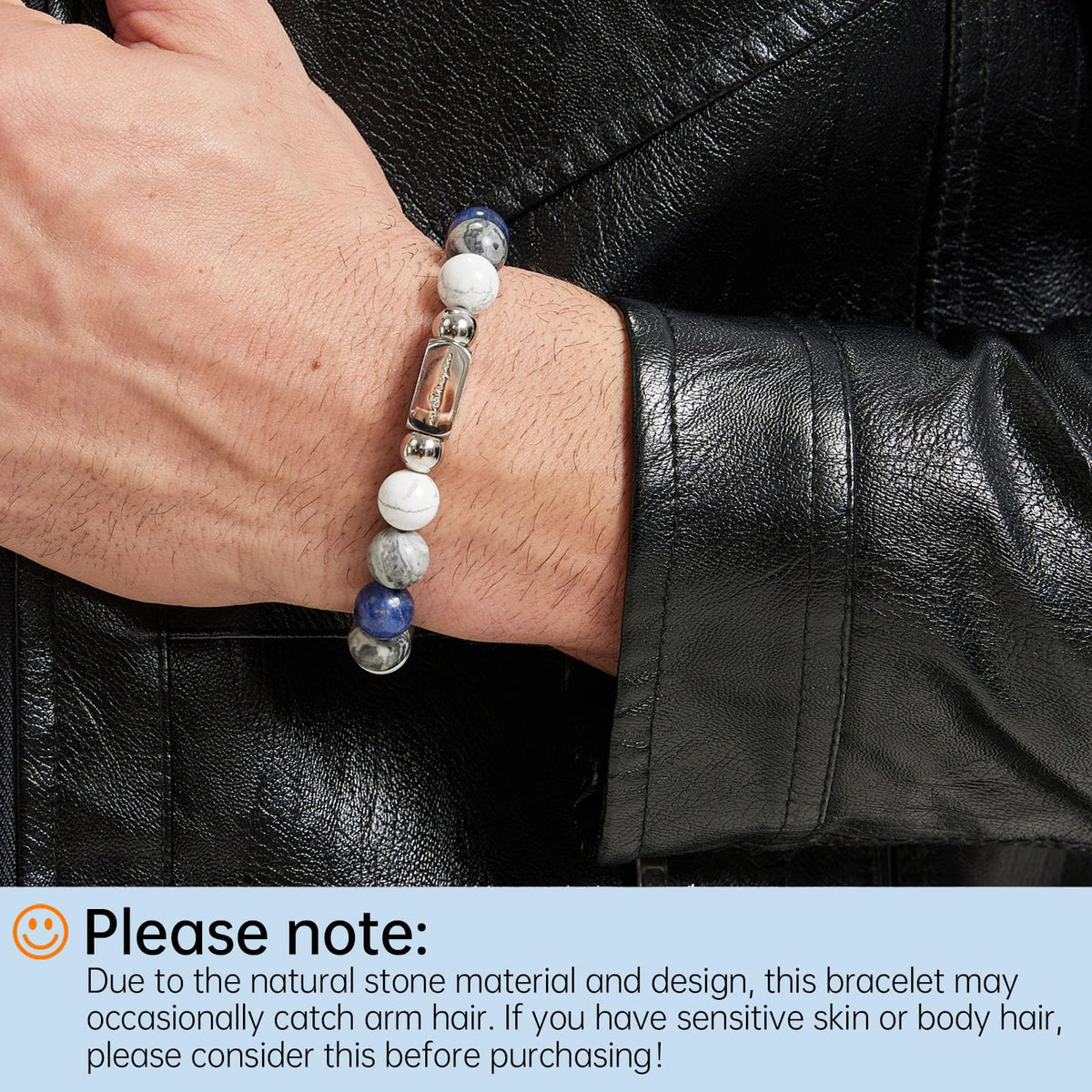 Howlite Natural Gemstone Bracelet for Men, Map Gemstone and Blue Vein Gemstone for Teens Gifts, 10MM Men's Elastic Adjustable Beaded Bracelets for Men, Handcrafted Gifts For Anniversary,Christmas.