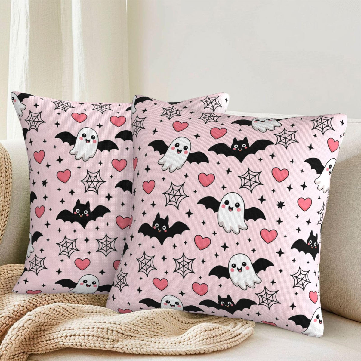 Halloween Pink Cute Ghost Bats Heart Decorative Pillow Covers 18x18 Inch Set of 2 Rustic Boho Flower Outdoor Throw Pillows Neutral Farmhouse Decoration Cushion Cases for Sofa Couch Bed Decor