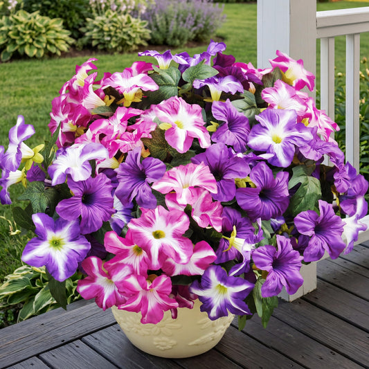 Vemander Artificial Fake Flowers Plants for Outdoor Decoration, 4PCS Faux Petunias Silk Flower UV Resistant No Fade for Home Outside Garden Balcony Yard Porch Realistic Indoor Decor (Pink/Purple)