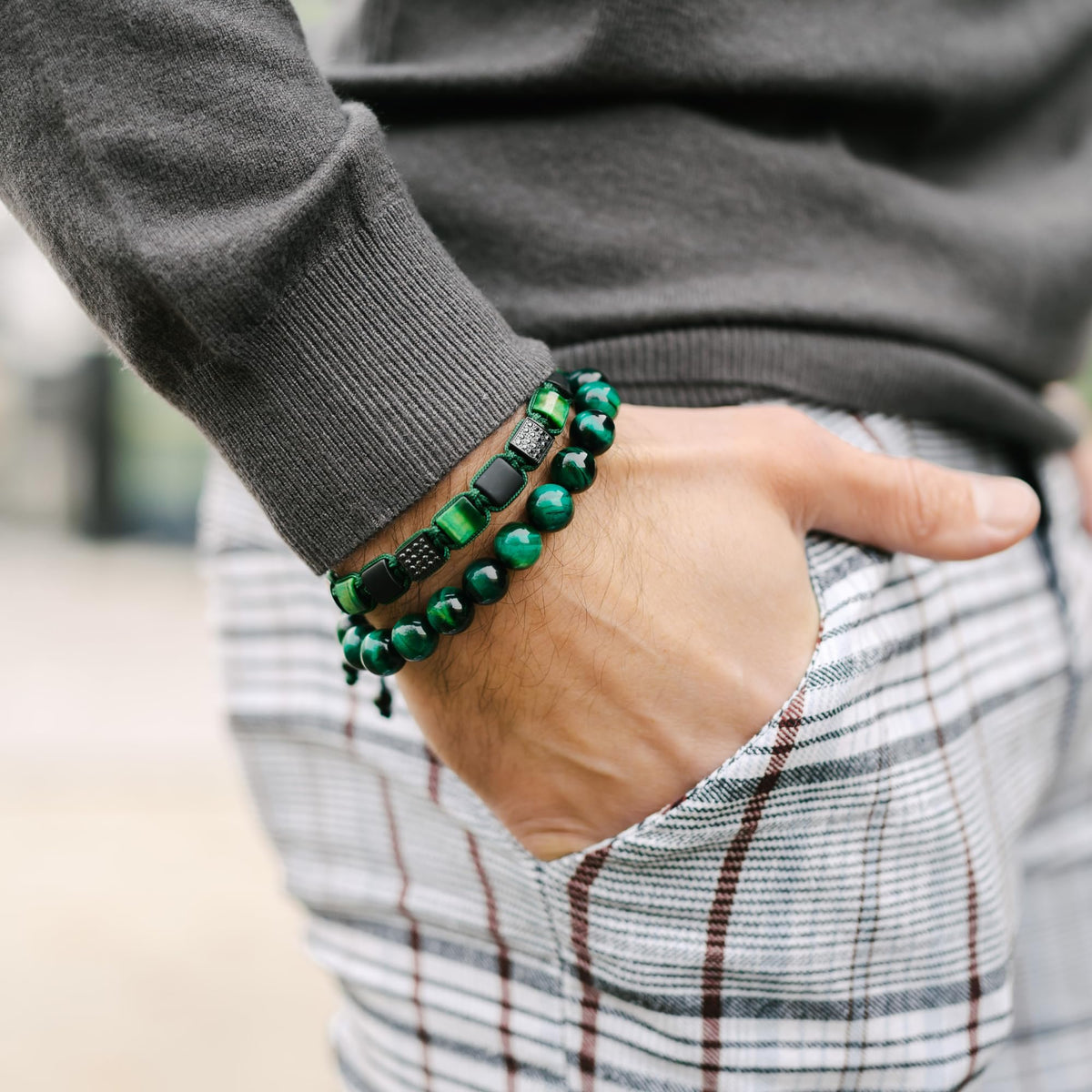 2 PIECE SET - Men's Beaded Bracelet And Flatbead Bracelet | Gift for Men | One Size Fits All | Used for Its Grounding Effects | 100% Natural | Adjustable Bracelet for Men with Gemstones (Green)