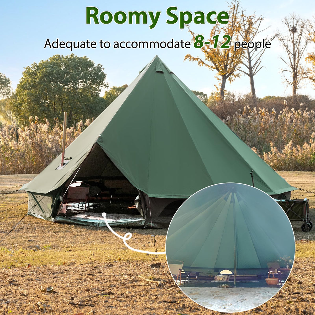 WaldZimmer Canvas Bell Tent 19.7ft Green with Stove Jack and Zipped Removable Floor, Luxury Outdoor Glamping Yurt Cotton Tent for Family Truck Car Camping Hunting Party