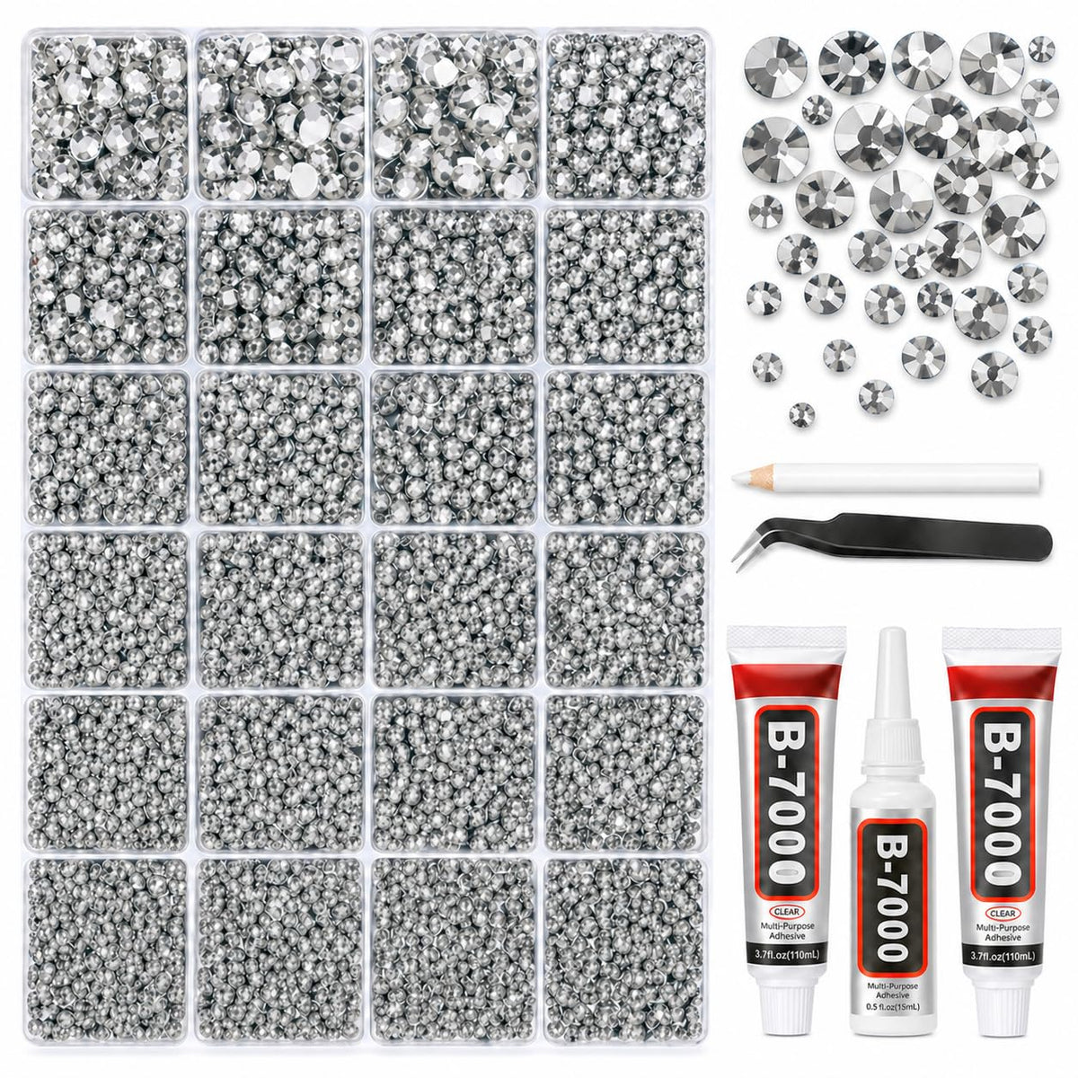 BlissVeritura 32000Pcs Clear Silver Rhinestones for Bedazzling Kit,Mix Sizes Silver Clear Flatback Gems,2,3,4,5,6MM Bedazzled Stones Crystal with B7000 Jewelry Glue for Crafting, Nail Art.