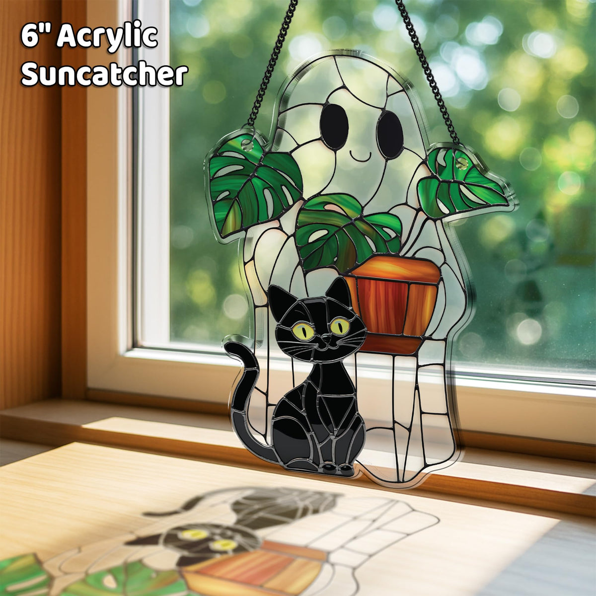 2 Cute Halloween Decoration Suncatchers, 6" Spooky Cute Ghost Plant Window Hangings, Ghost with Black Cat Greenhouse, Pumpkin Ornaments Home Garden, Gifts for Mom, Plant Lovers, Women, Girl SS358