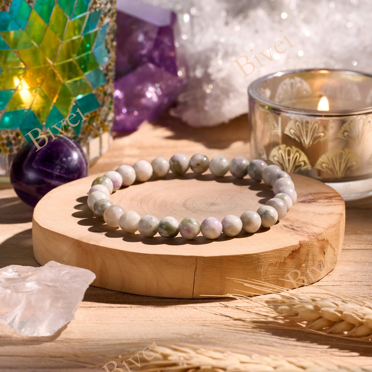 Bivei Peace Jade-Calm Harmony-6mm Beaded Bracelets for Women Handmade Semi Precious Natural Stone Stretch Elastic Jewelry for Women Yoga Protection Gifts