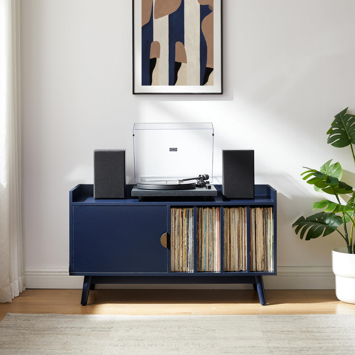 Crosley Furniture Skylar Mid-Century Record Player Cabinet with Vinyl Storage, Turntable Stand for Records, Navy