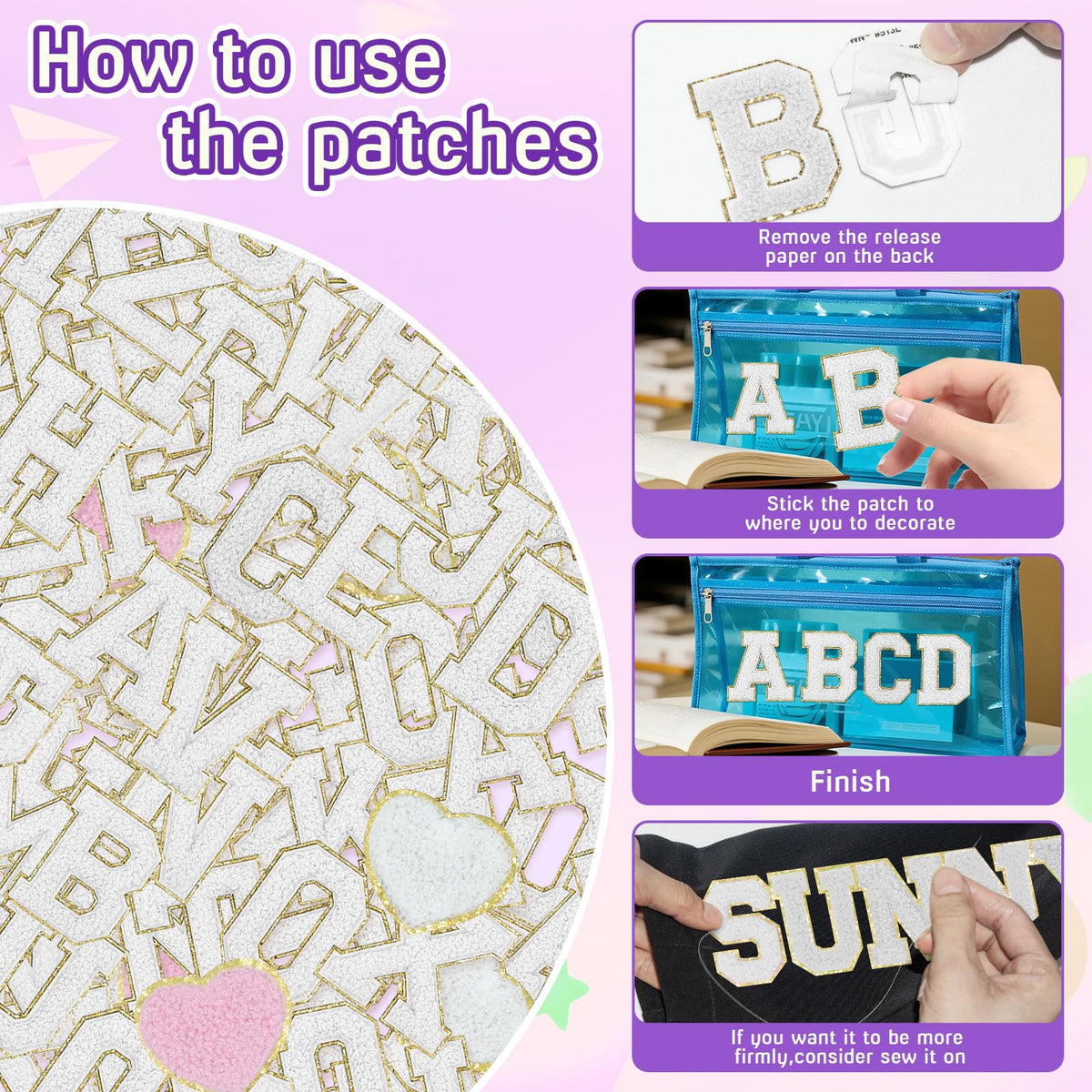 104 Pcs White Chenille Letter Patches & Extra 4 Heart Patches Self Adhesive Stickers Sew On Embroidered Applique Cute Varsity Glitter Stick On Alphabet for Clothing Hats Jeans Fabric