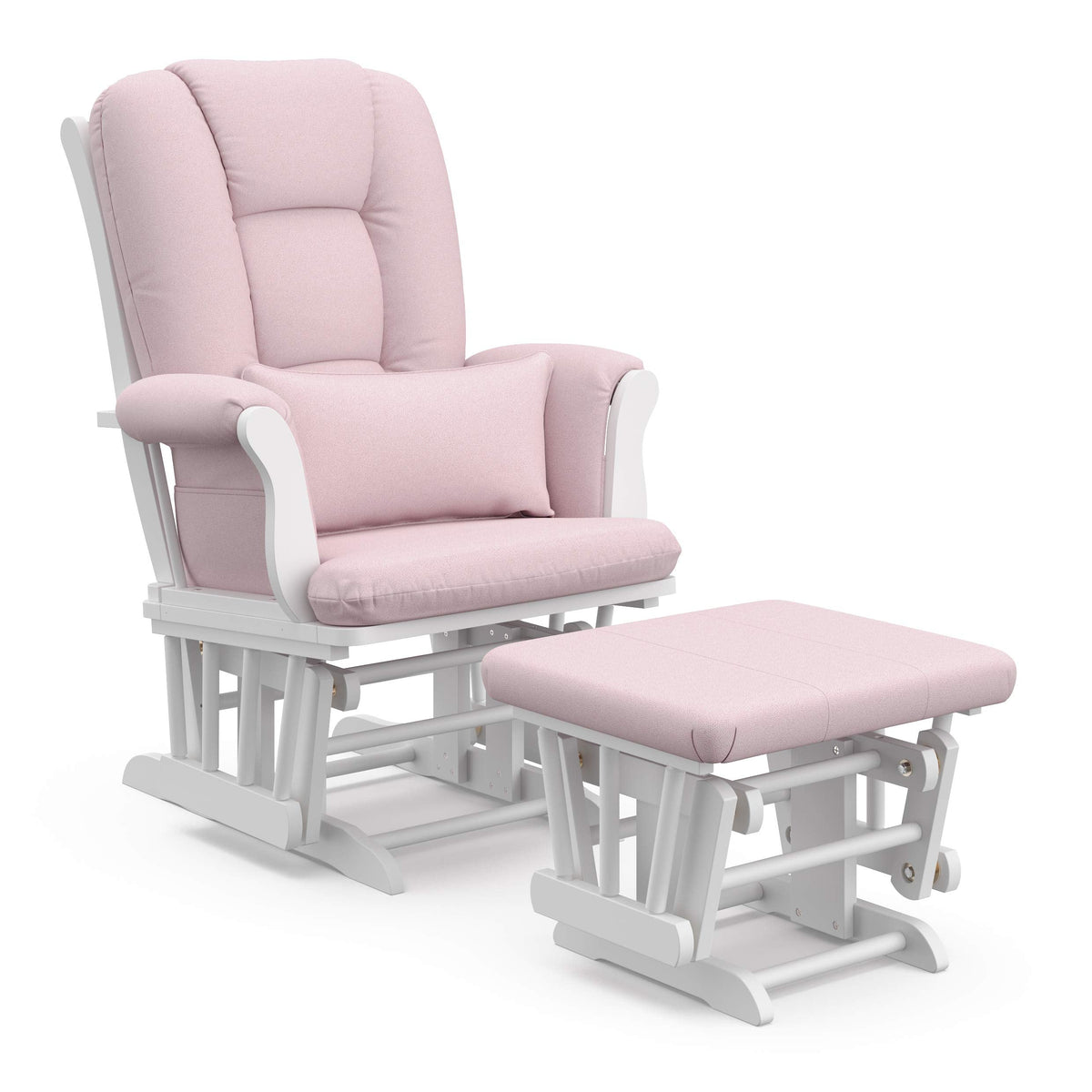 Storkcraft Tuscany Custom Glider and Ottoman with Free Lumbar Pillow (White/Pink Blush Swirl) - Cleanable Upholstered Comfort Rocking Nursery Chair with Ottoman