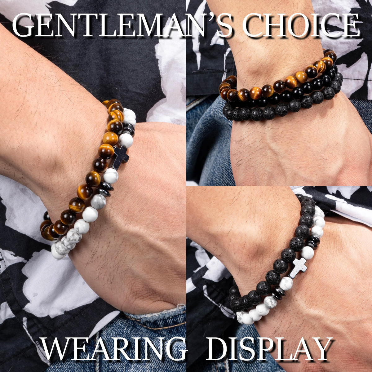 Crystery Men Beaded Bracelets, 8mm Natural Stone Bracelet, Healing Crystal, Jewelry Gifts for men, Triple Protection, Howlite, Tiger Eye, Black Obsidian Beads Bracelets, Lava Rock, Pack of 4