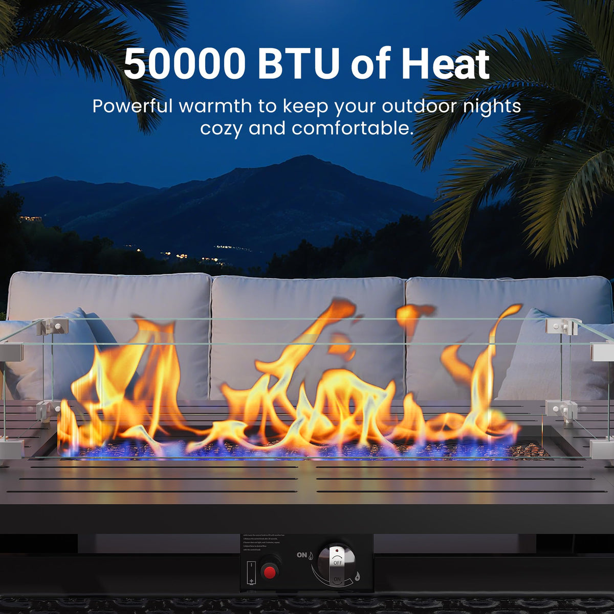 FansaFurn 43” Outdoor Propane Fire Table Set with Heavy-Duty Glass Stones, Glass Wind Guard, Lid & Water-Resistant Cover, 50,000 BTU Metal Fire Pit Table, Rectangle Fire Pit Table for Patio, Deck