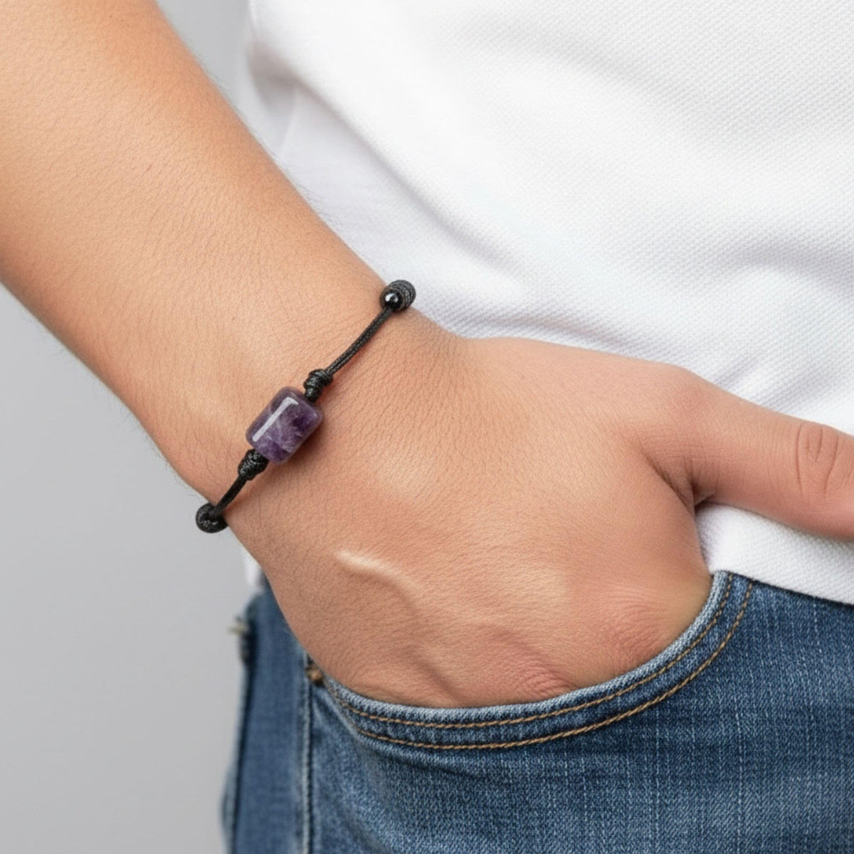 Luck Strings Adjustable Gemstone Cord Bracelet for Men & Women - Cylinder Stone Bead - Chakra Inspired Meditation Jewelry - Talisman Beach Style (amethyst)