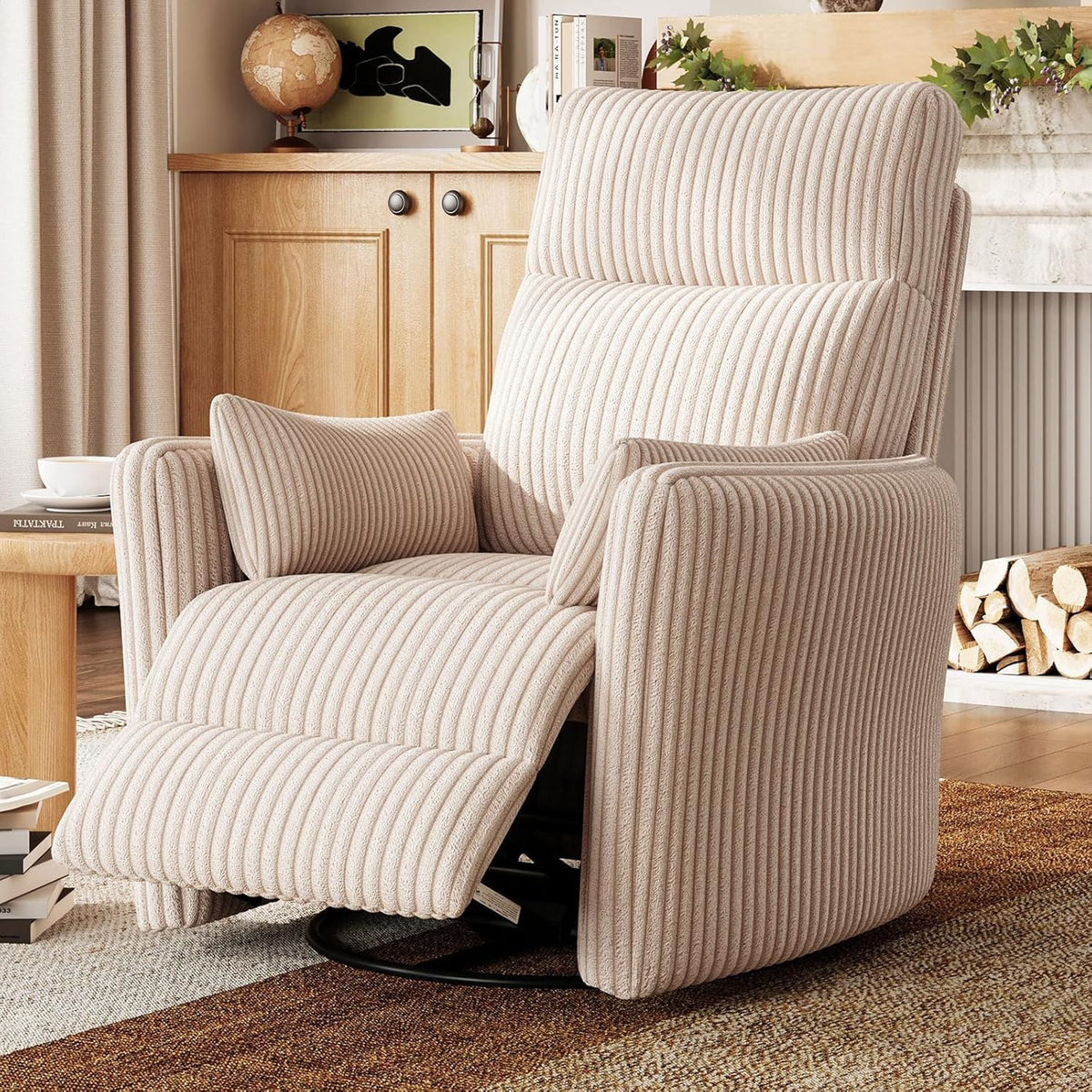LINSY 360 Swivel Recliner Chair, Nursery Glider Rocking Chair with 2 Pillows, Corduroy Nursing Chair Comfy High Back Adult Rocker Recliner for Small Spaces, Nursery Bedroom Living Room (Beige)