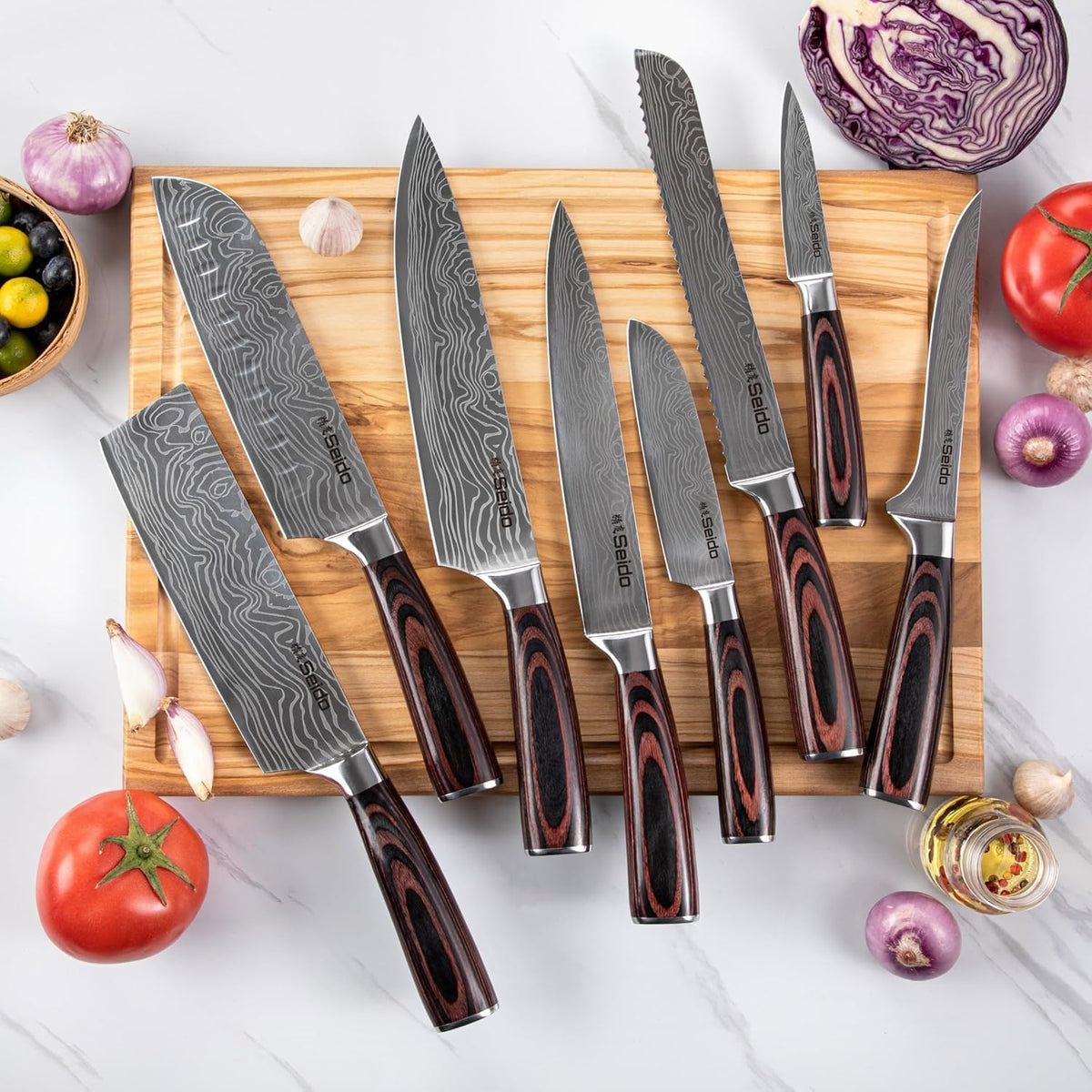 17-Piece Master Chef Knife Block Set – Damascus Steel & Acacia Wood Block