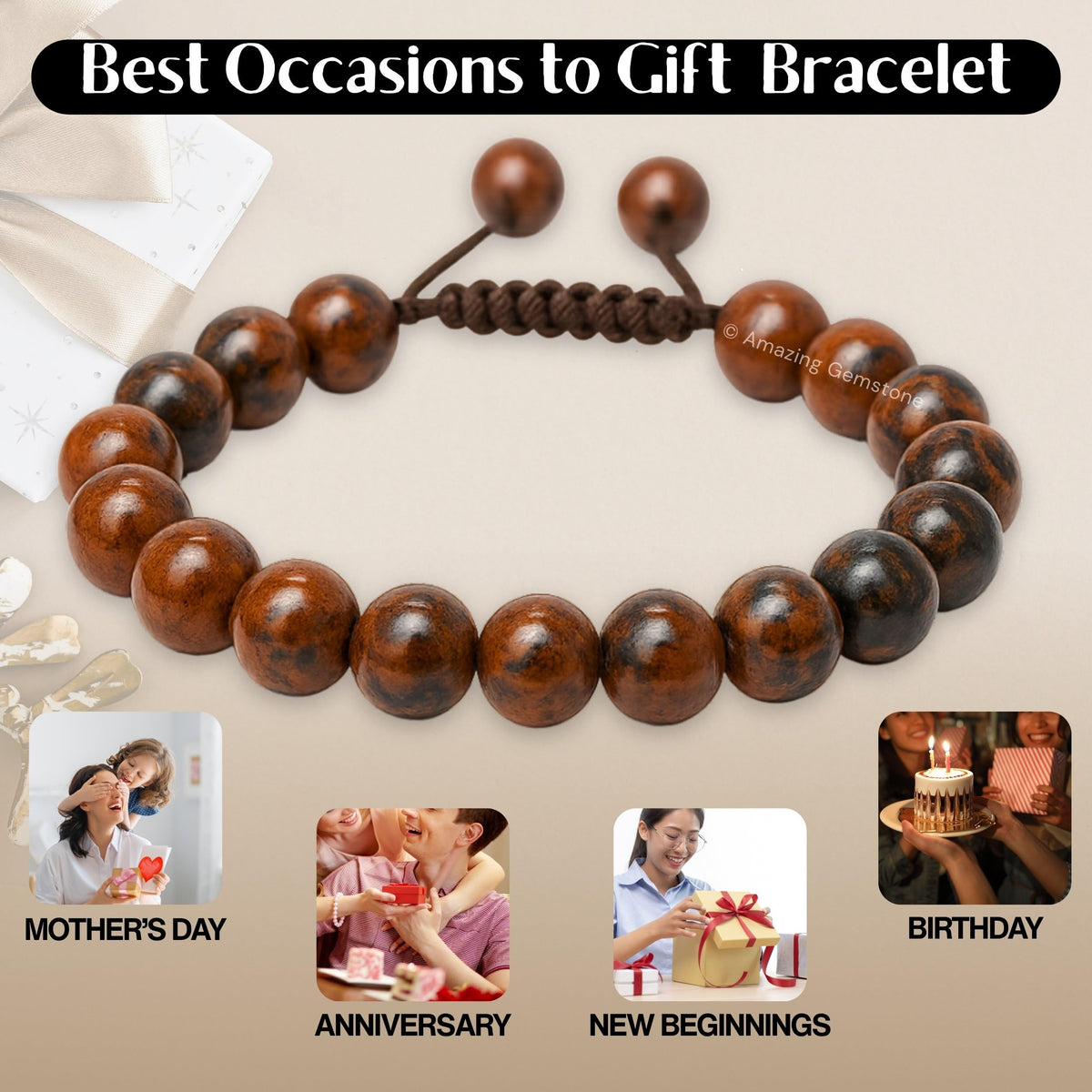 Amazing Gemstone Mahogany Obsidian Bracelet for Women Men's Gifts - Protection Healing Crystal Bracelet - 8mm Gemstones Beaded Adjustable Bracelet Pulseras Para Hombres Mujer Stocking Stuffers
