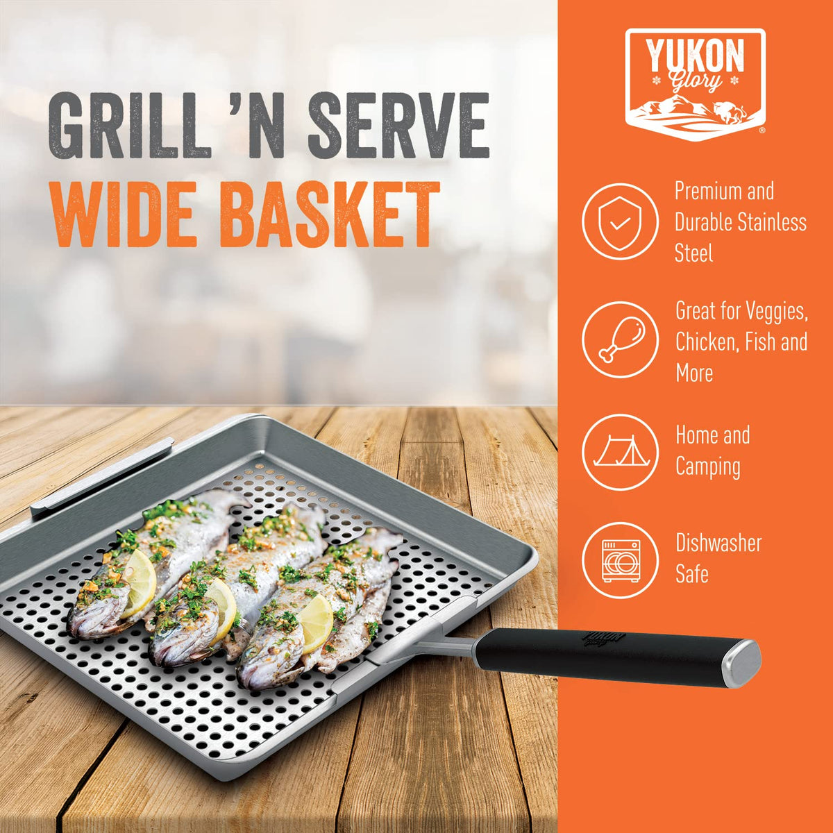 Yukon Glory™ BBQ 'N SERVE Wide BBQ Grill Basket The Grilling Basket Includes a Clip-On Handle - Perfect Grill Baskets for Outdoor Grill Vegetables or Fish Basket & Meat