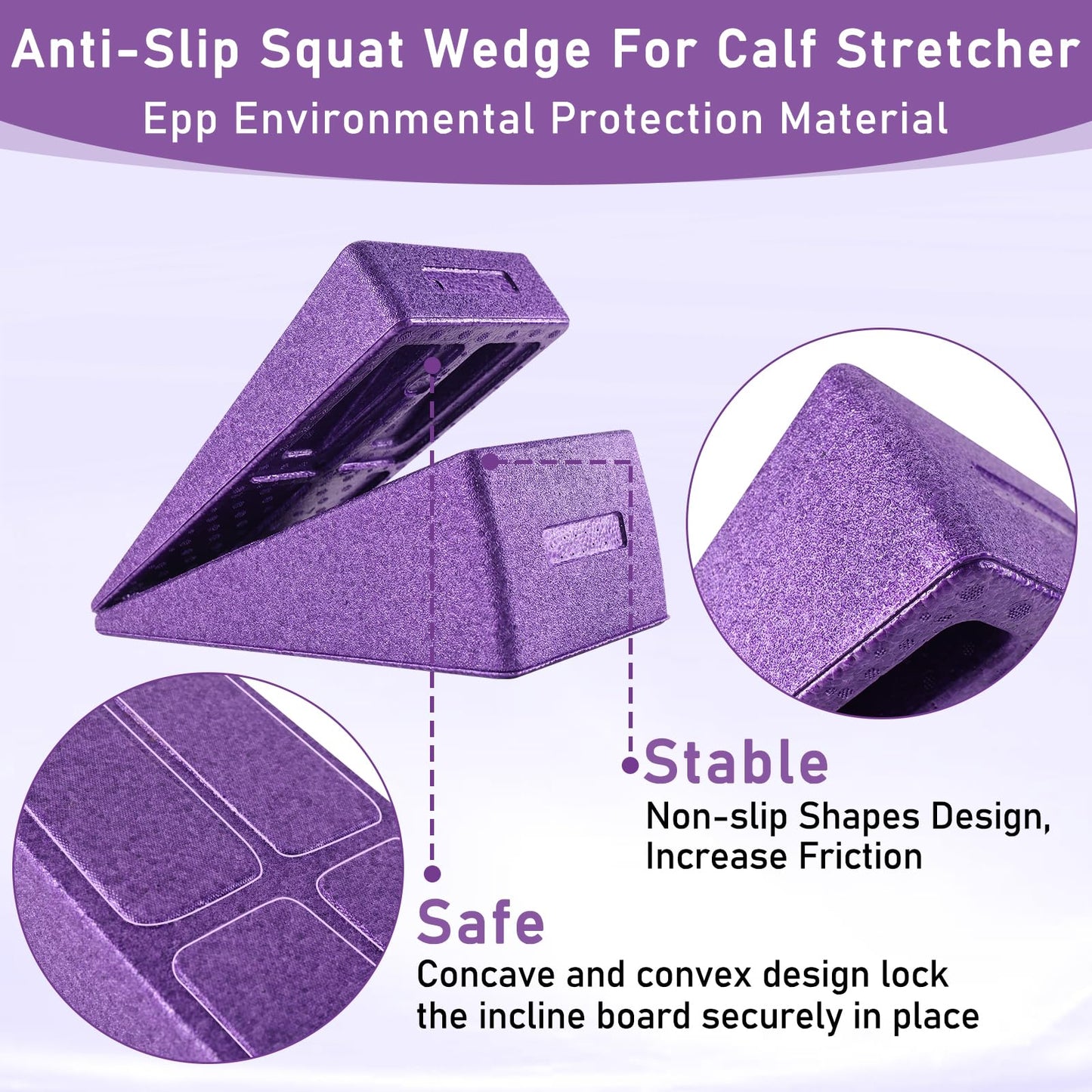 Slant Board Squat Wedge for Calf Stretching，3 Pcs 12" x 6.3" Foot Stretcher Balance Board for Plantar Fasciitis, Adjustable Foam Slant Board Wedge Great for Exercises (Purple)
