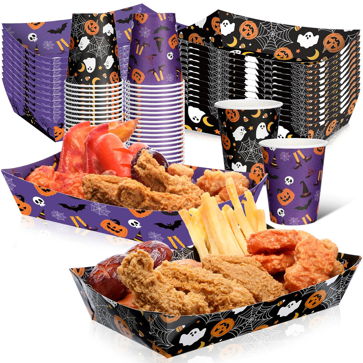 Acellegic 100 Pcs Halloween Paper Disposable Tableware Paper Food Trays Serving Boats Snack Food Container 9 oz Pumpkin Ghost Bats Disposable Cups Black Purple Halloween Party Supplies Kit