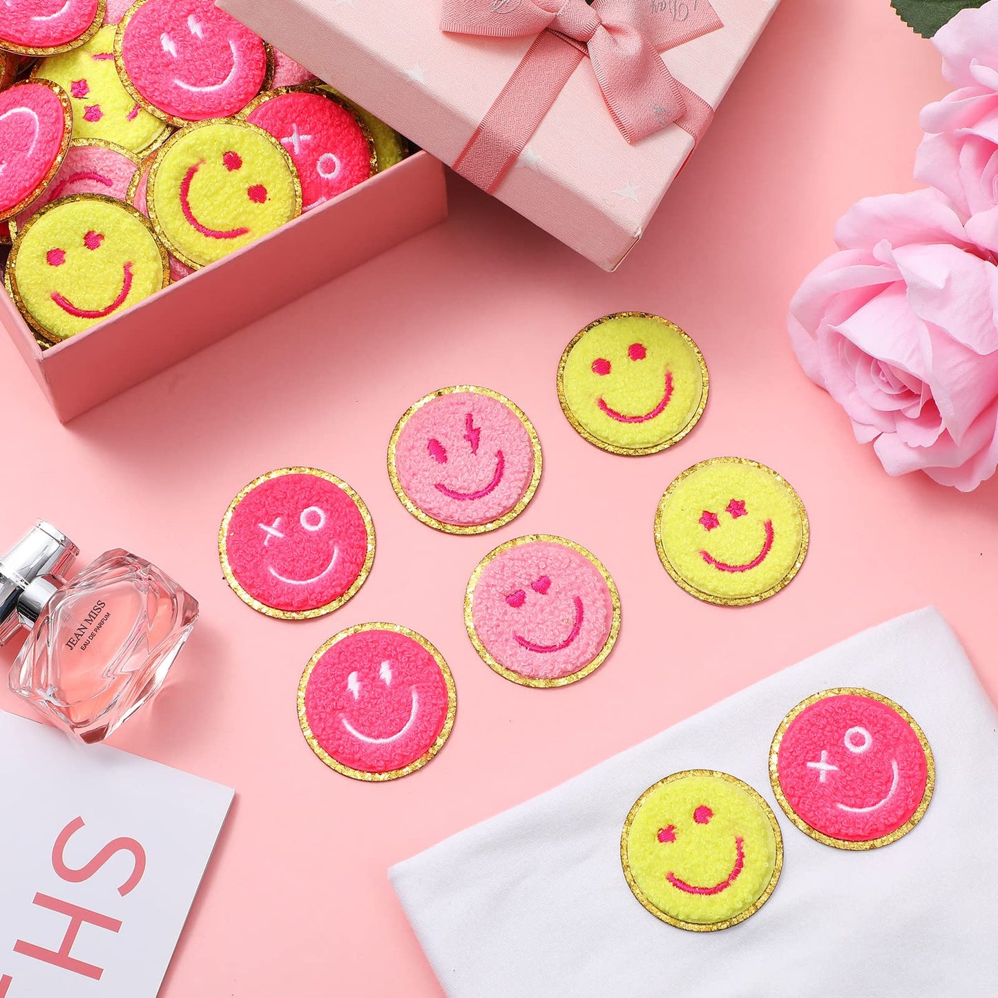 48 Pcs Happy Face Iron on Patches Self Adhesive Smile Face Patch Glitter Chenille Preppy Patches for Hats Backpacks Jackets Dress Clothes DIY Craft Decorative Embroidery