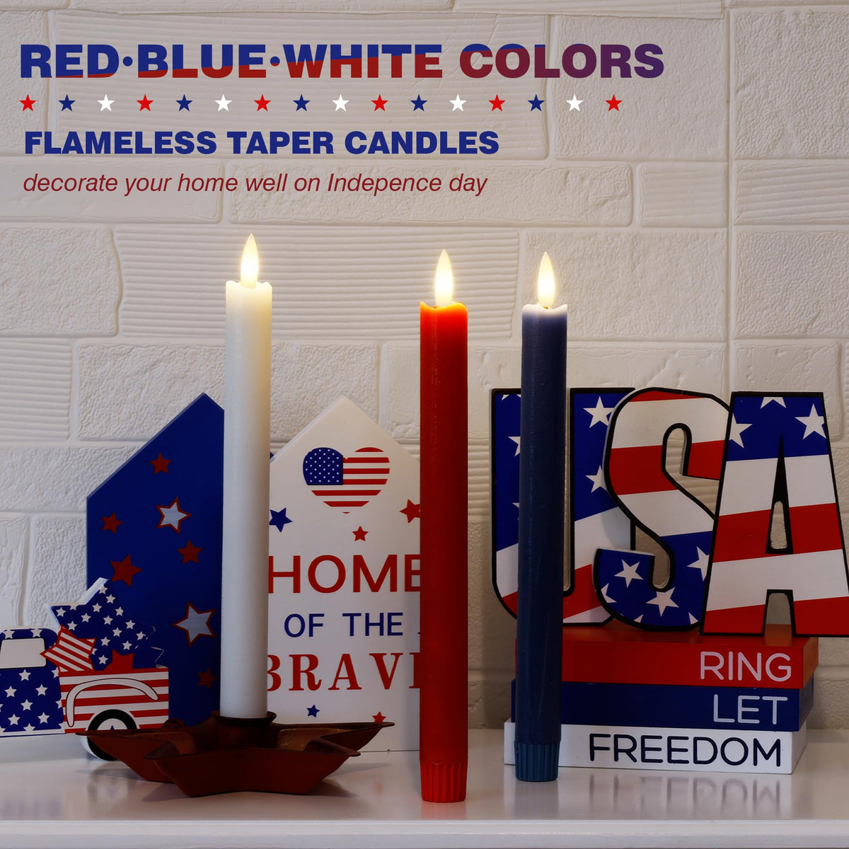 AFINETH Red White and Blue Flameless Taper Candles with Remote, 9.6" Real Wax Patriotic Flameless Candles, Battery Operated 4th of July Candlesticks, Flickering Independence Day Candle Decor, 3 Pack