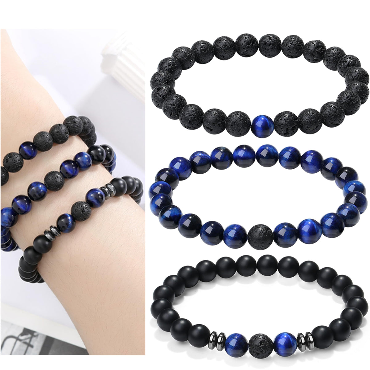 XIANNVXI Mens Blue Crystal Beads Bracelet 3PC Blue Black Stone 8mm Bead Bracelets Set for Men Stretch Lava Rock Obsidian Black Crystal Beaded Bracelet for Mens