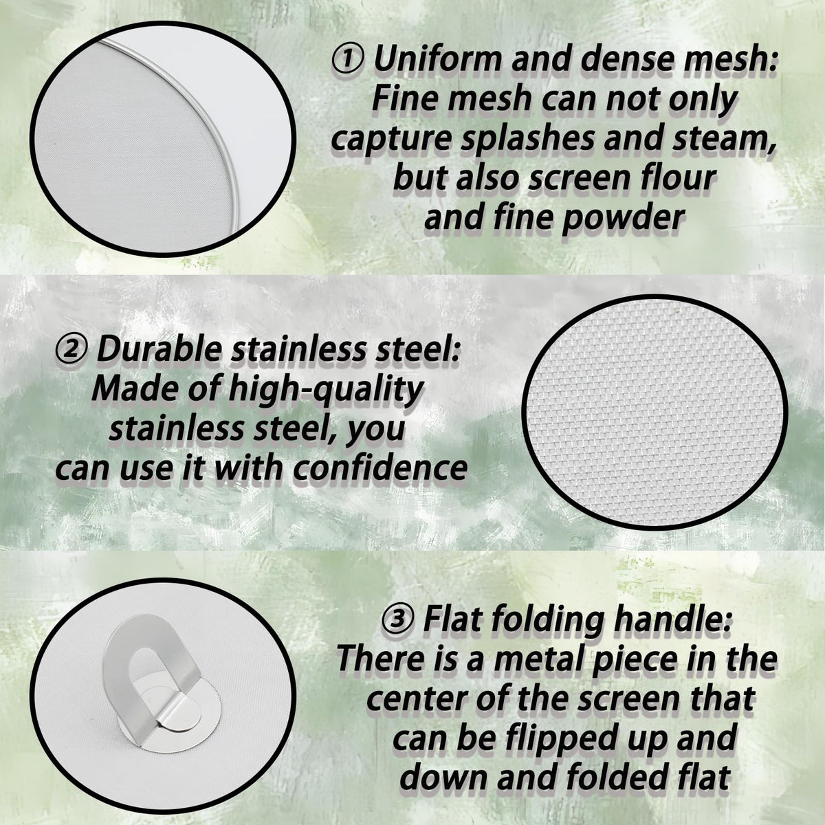 OYWOBET 3 Pack Silver Stainless Steel Splatter Screens (9.8", 11.4", 13"), Grease Splatter Guard Ultra-Fine Mesh, Foldable Knob for Cooking/Chefs/Home Cooks