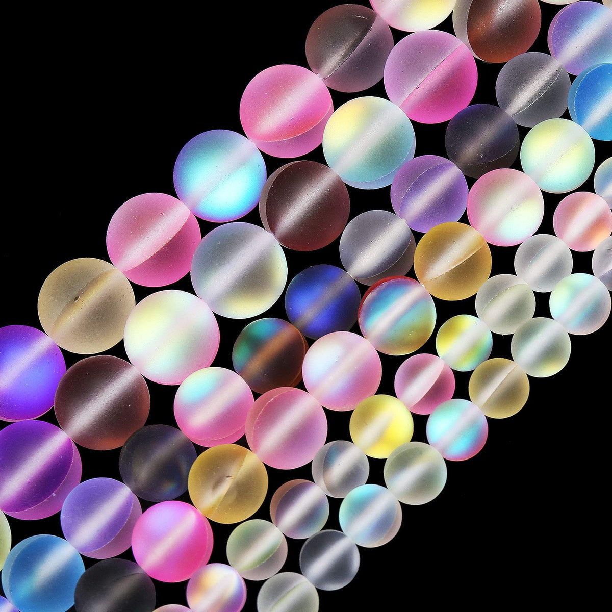 Matte Mixed Color Aurora Crystal Glass Beads, 10MM Frosted Glitter Shining Mermaid Round Loose Beads, Rainbow Holographic Synthetic Moonstone for Jewelry Making DIY Bracelet