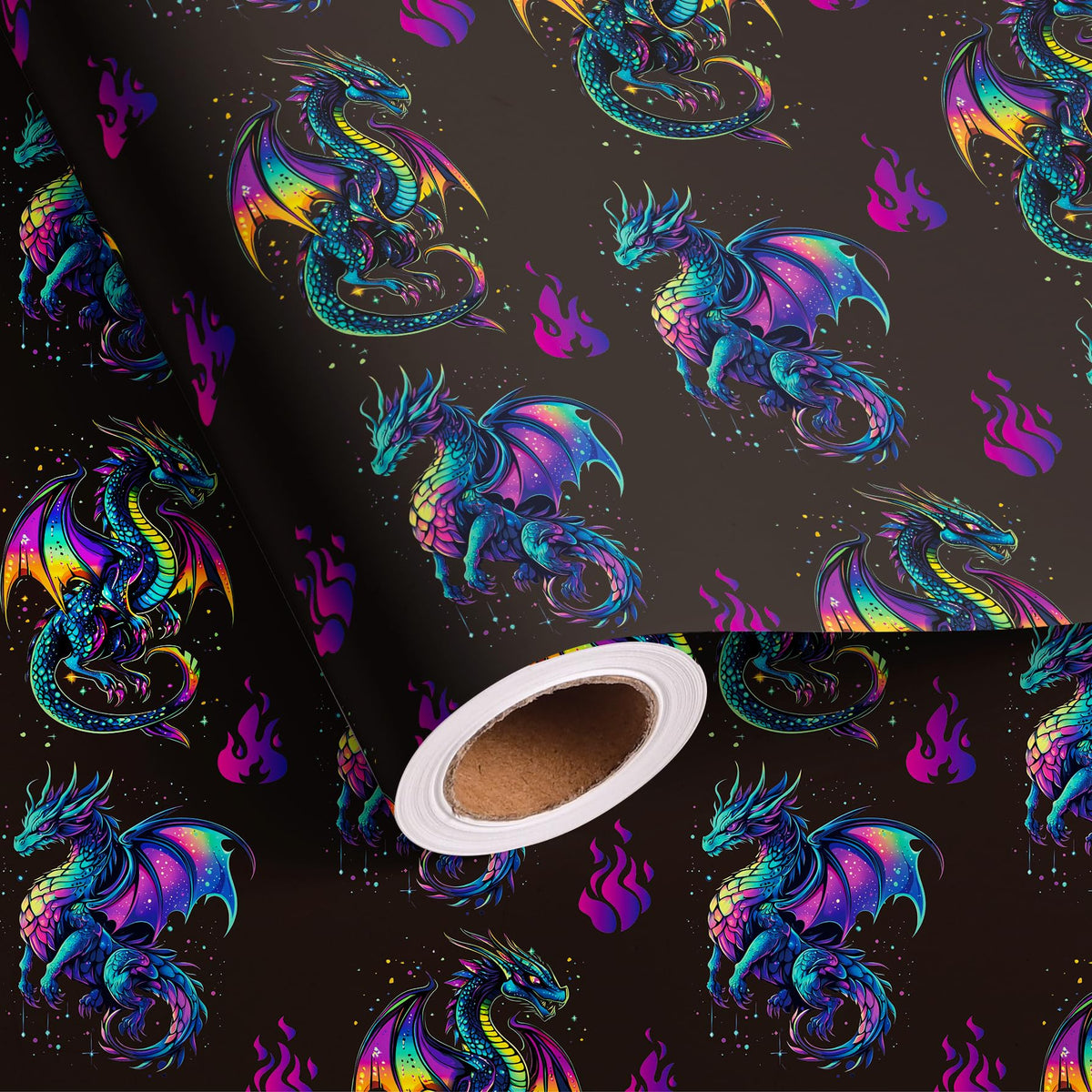 Altarho Dragon Wrapping Paper Roll for Kids Boys Women Men - Neon Dragon Print Mythic Gift Wrap Sheets for Birthday Adult Anime Party Supplies Total 28.5sq.ft