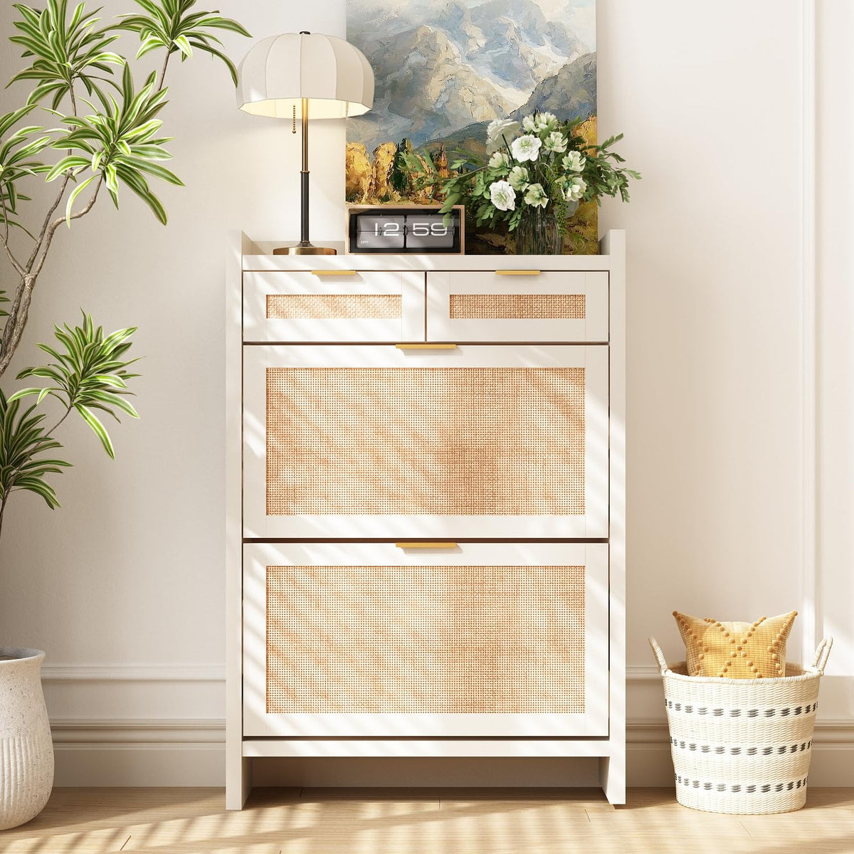 Shoe Organizer Cabinet Storage for Entryway - Slim Rattan Shoe Rack for Front Door Entrance, Narrow Hidden Shoe Cabinet with Flip Drawers, Boho Shoe Holder Cabinet，Two Doors, White, Set of 2
