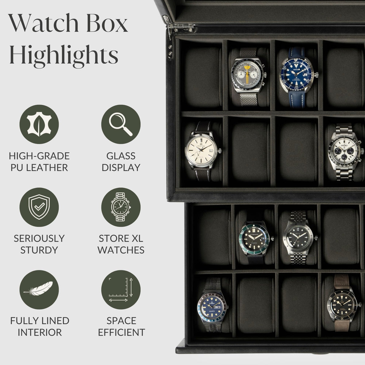 TAWBURY Watch Box for Men - Extra Large 24 Slot Watch Case with Real Glass Display, Removable Drawer and 2-inch Wide Pillows for Large Watches (Black/Charcoal)