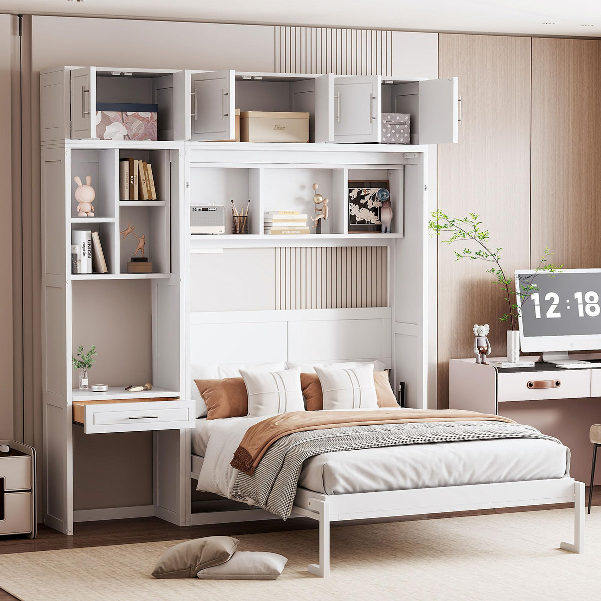 Merax Full Size Wall Murphy Bed with Desk, Top Cabinet and Storage Shelves, Space Saving Foldable Bed, Wooden Bed Frame