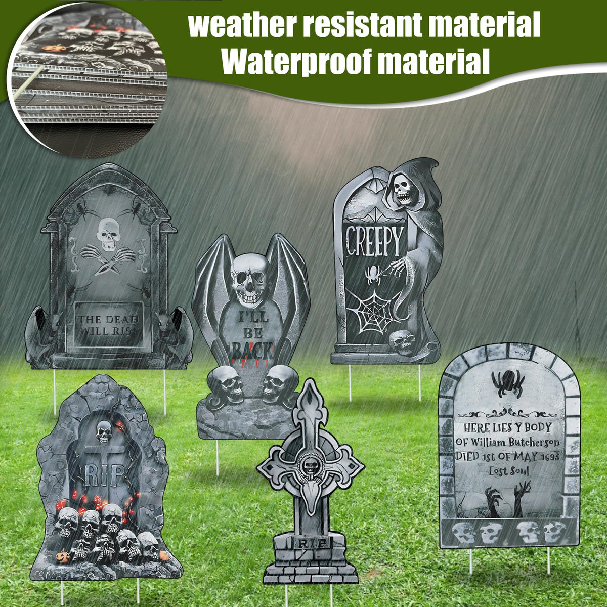 VQOIHP Halloween Tombstone Yard Signs with Stakes，Large Eerie Graveyard Design 6 PCS, Outdoor Garden, Lawn Decor, Yard Lawn Decorations Outside for Halloween Party Props