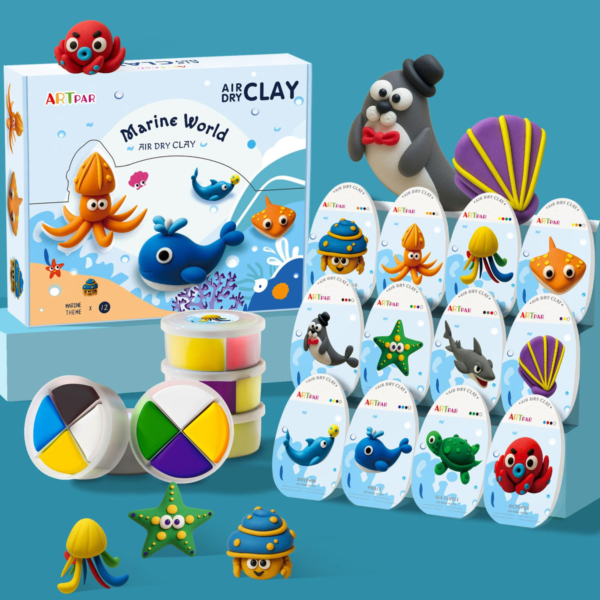 ARTPAR Air-Dry Clay Kit for Kids,12 Marine Animals‌ Modeling Magic Clay Sculpting Tools Set,Non-Sticky, Ultra-Light,Creative DIY School Arts & Crafts Gifts for Boys & Girls Ages 3-12