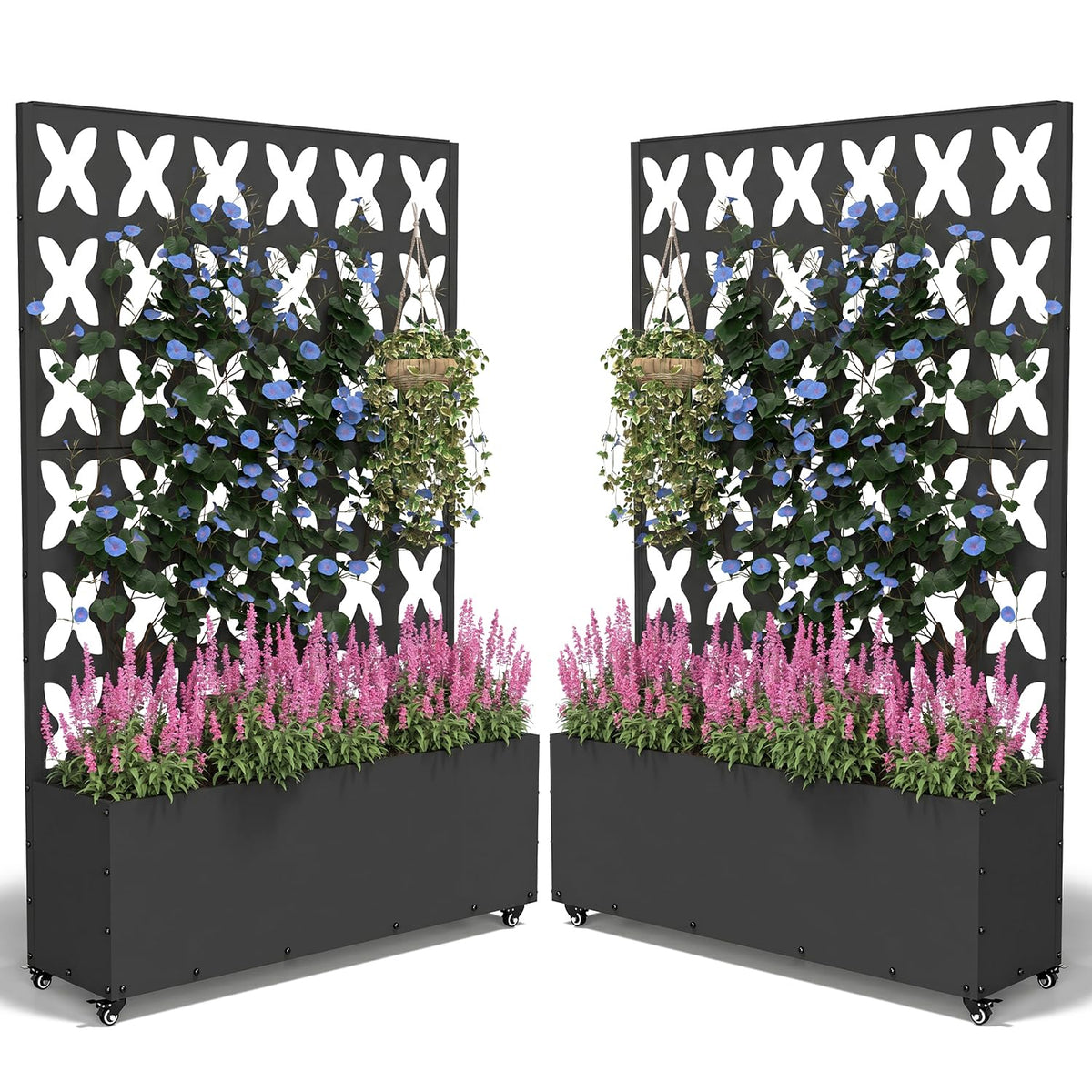 FOLAWO 2PCS Metal Planter Box with Trellis,70.9"x47.2"x15.7" Raised Garden Bed with Drainage Holes, Privacy Planters for Outdoor Garden Bed for Climbing Plants,Vegetables,and Vines, Black-X