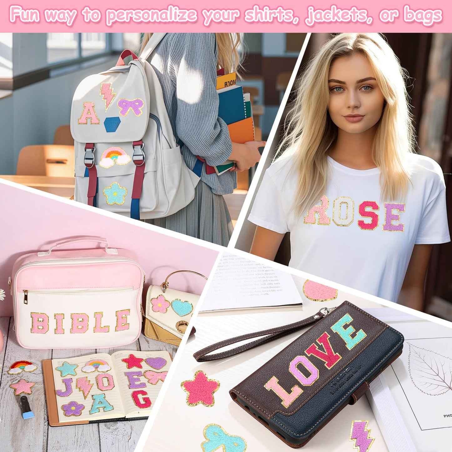Mckanti 160 Pcs Chenille Patches and Fabric Glue for DIY Clothing, Include 130 A-Z Letter Patches, 30 Cute Patches and 1 Fabric Glue for Clothes, Backpacks, Bags