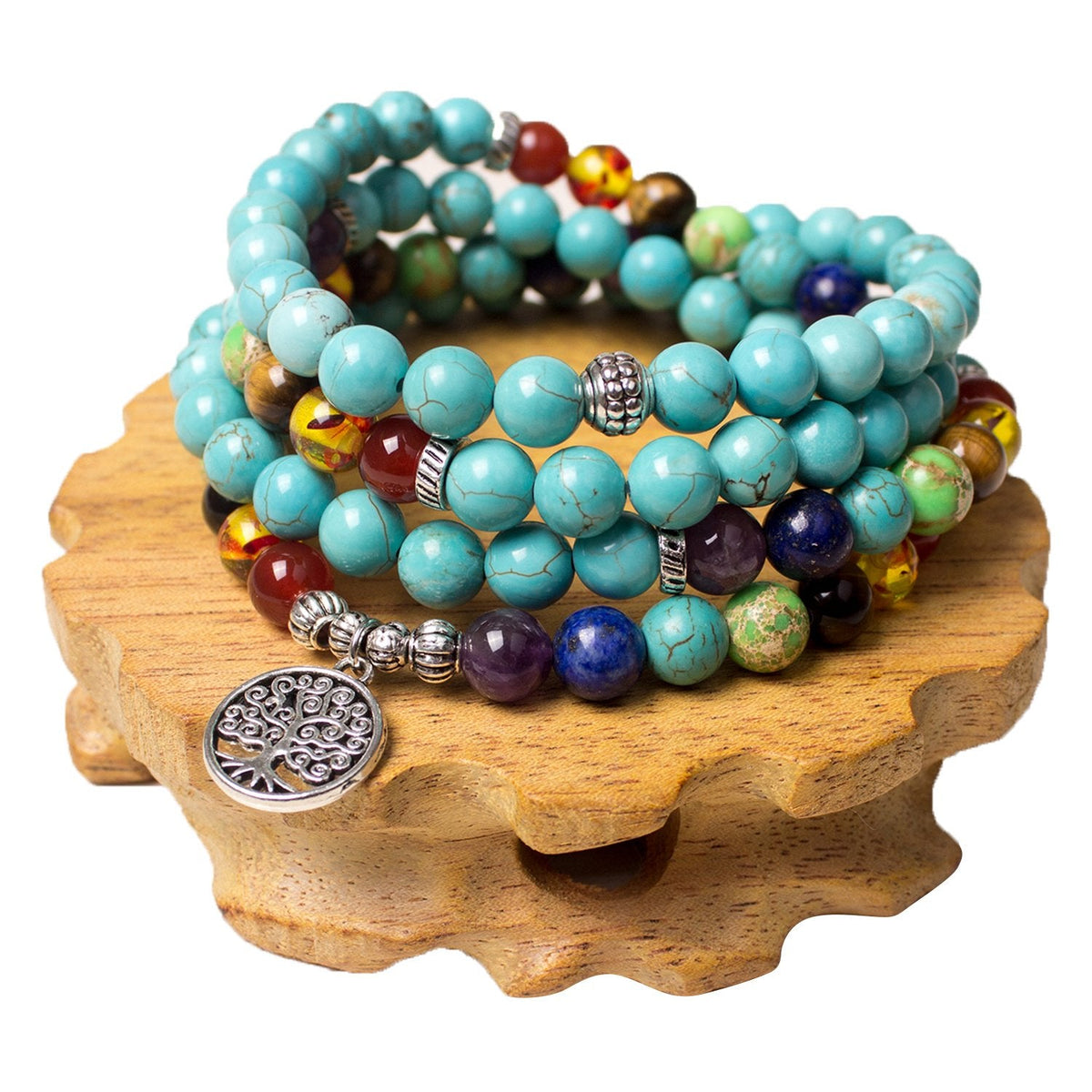PWMENLK 108 Mala Beads Necklace 7 Chakra Buddhist Prayer Beaded Bracelet Tree of Life Pendant Stone Yoga Necklace(turquoise)