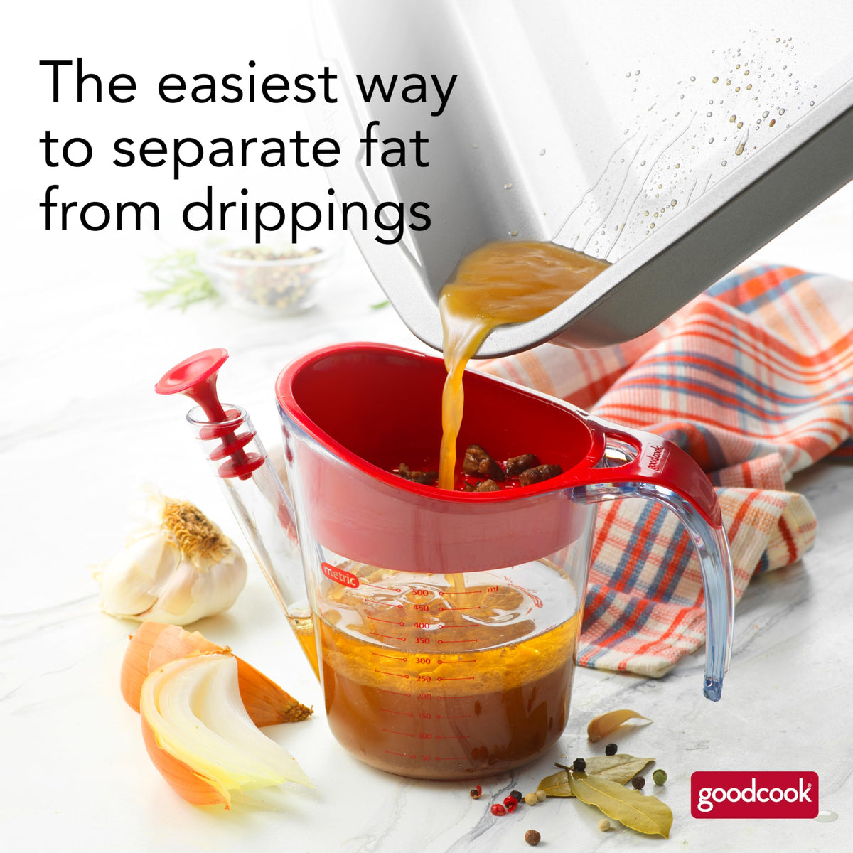 GoodCook Everyday Fat Separator for Cooking, 2-Cup Heat-Resistant Separator with Pour Spout, Bottom Release Fat Separator for BBQ and Gravy, Strainer and Silicone Stopper for Mess-Free Use