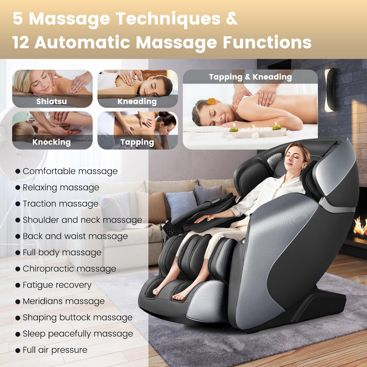 Giantex Full Body Massage Chair - Zero Gravity Shiatsu Massage Recliner with SL Track, Voice Control, Heat, Foot Roller, Thai Yoga Stretch, Airbags, 12 Auto Modes, 5 Manual Modes, Free Indoor Delivery