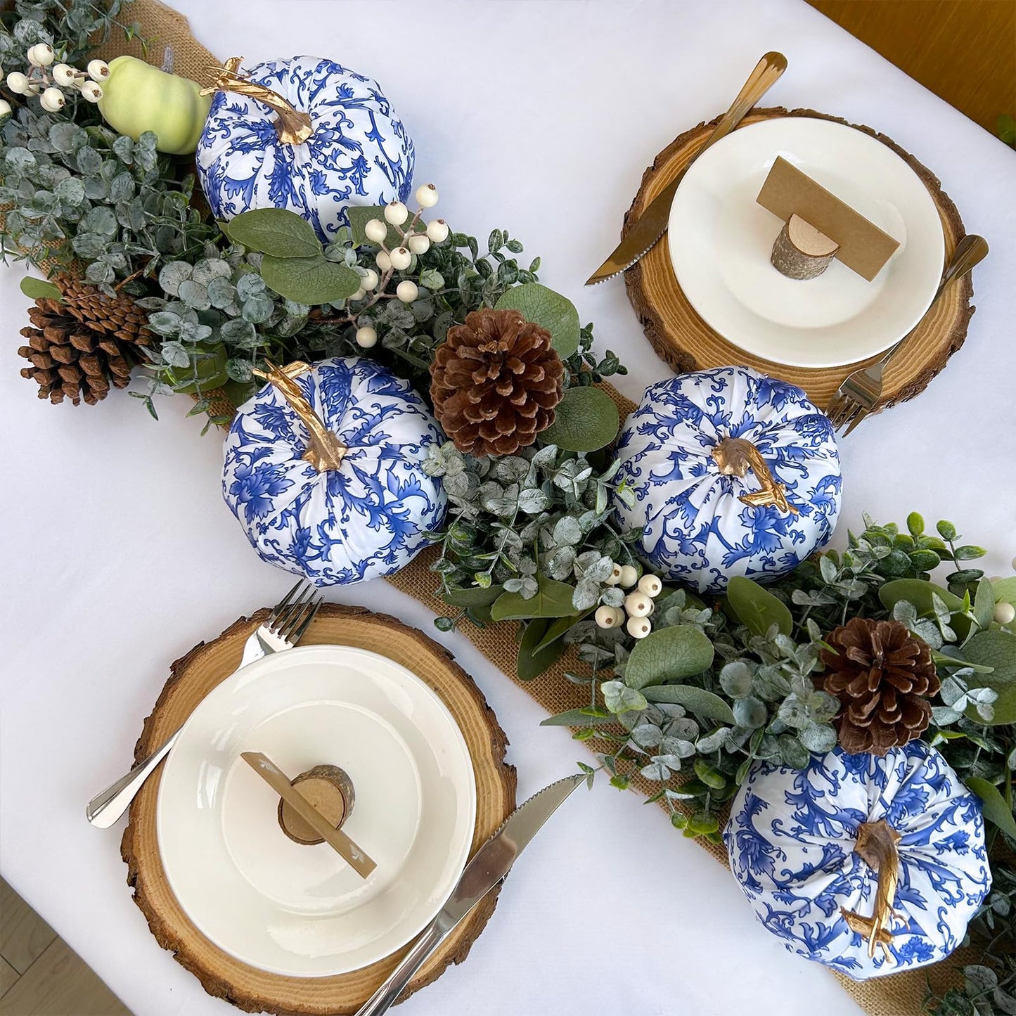 Winlyn 4 Pcs Faux Decorative Blue and White Fabric Pumpkins Chinoiserie Chic Pumpkins Foam Pumpkins for Gifts Farmhouse Thanksgiving Halloween Fall Wedding Table Centerpiece Mantel Bowl Decorations