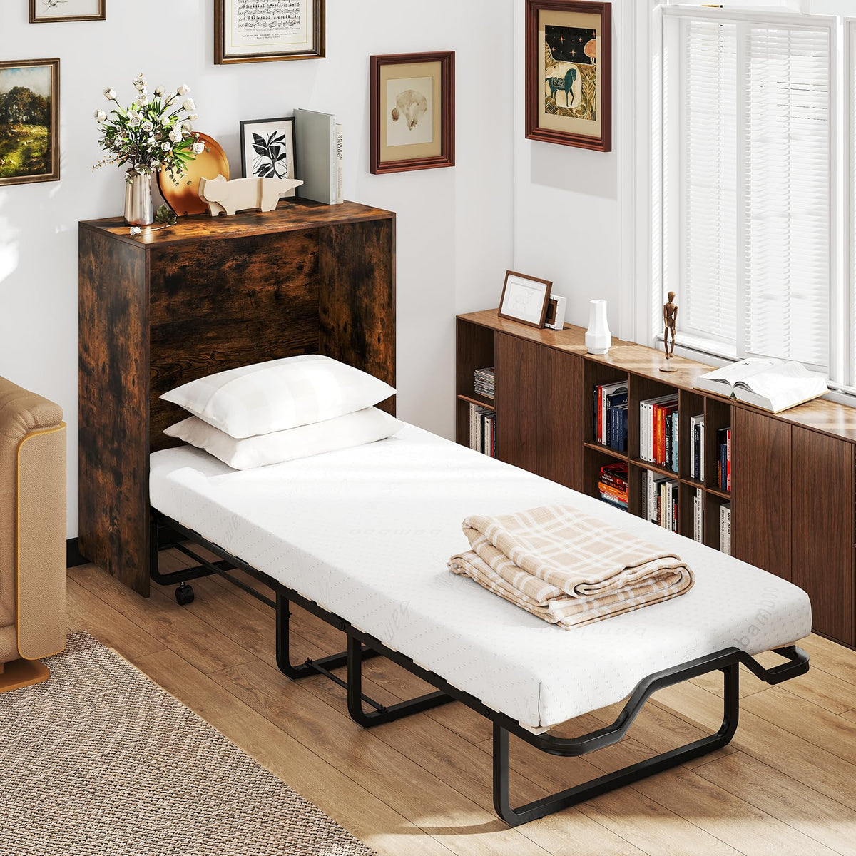 Giantex Murphy Bed Cabinet with Mattress - 74" x 31" Cot Size Folding Bed w/Storage, Metal Frame & Lockable Rolling Wheels, Space-Saving Roll Away Beds with Mattresses for Adults Guests (Rustic Brown)