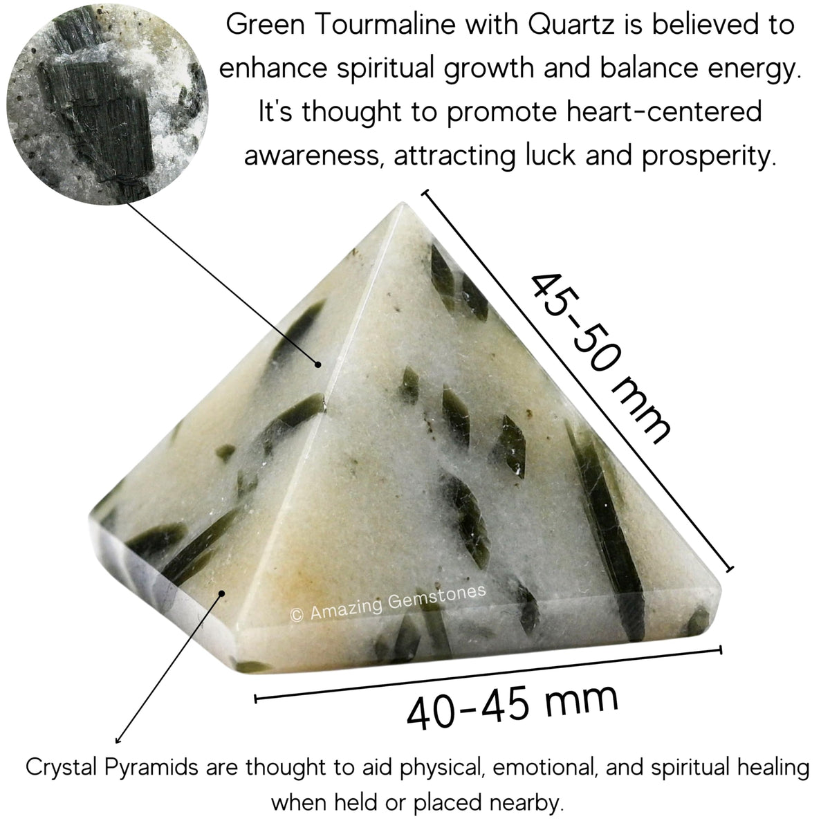 Amazing Gemstone Green Tourmaline in Quartz Pyramid Crystal Healing Stones - 2" Great Pyramid Figurine of Natural Stone Pyramid for Meditation, Reiki, Chakra Balancing and Crystal Pyramids Grid