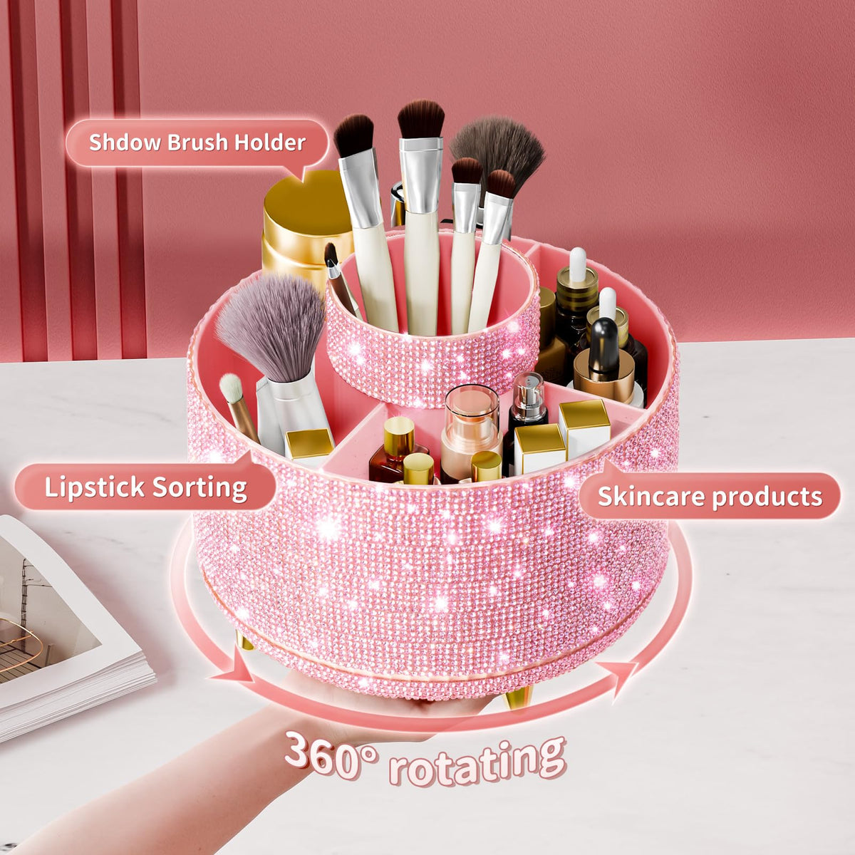 fanado Bling Diamond Makeup Brush Holder, 360° Rotating Makeup Organizer, 5 Slot Make up Brushes Cup for Countertop, Storage for Cosmetics Pen Eyeliner Skincare on the Vanity (Diamond Pink)