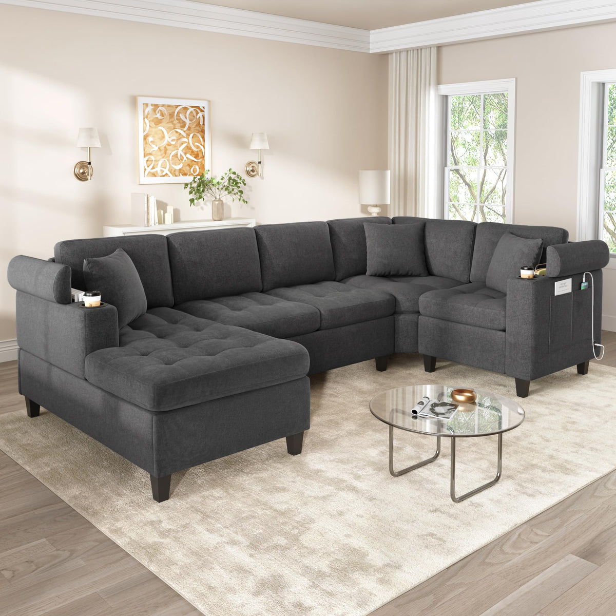Merax 115.7" U-Shaped Chenille Sectional Sofa, 4 Seat Corner Couch Oversized with Built-in Cup Holders, 3 Pillows, Storage Space for Living Room, Grey