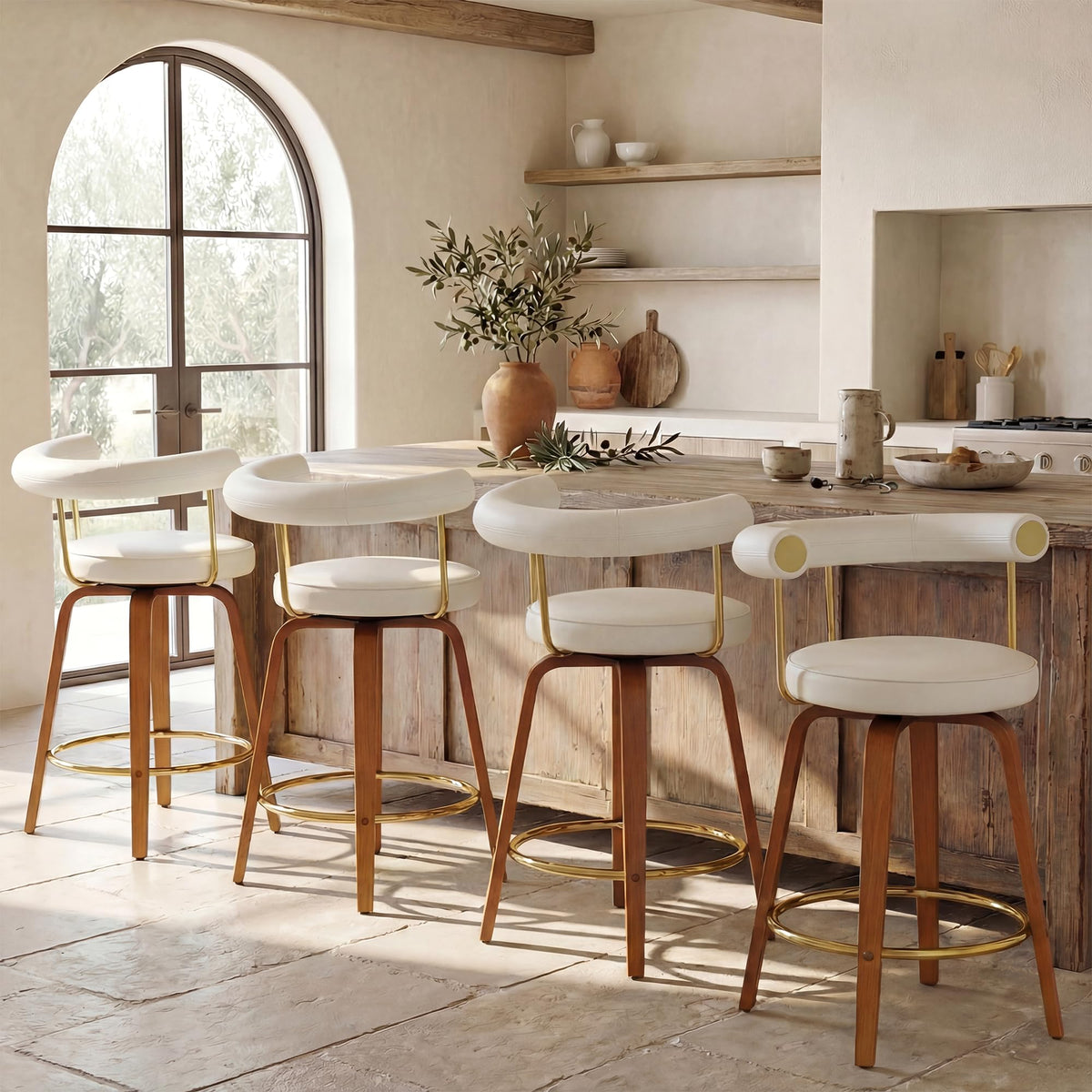 TYBOATLE Swivel Bar Stools Set of 4, Counter Height Bar Stools with Bent Wood Legs and Back, Mid-Century Modern Faux Leather Bar Chairs Island Barstools for Kitchen (4, White)