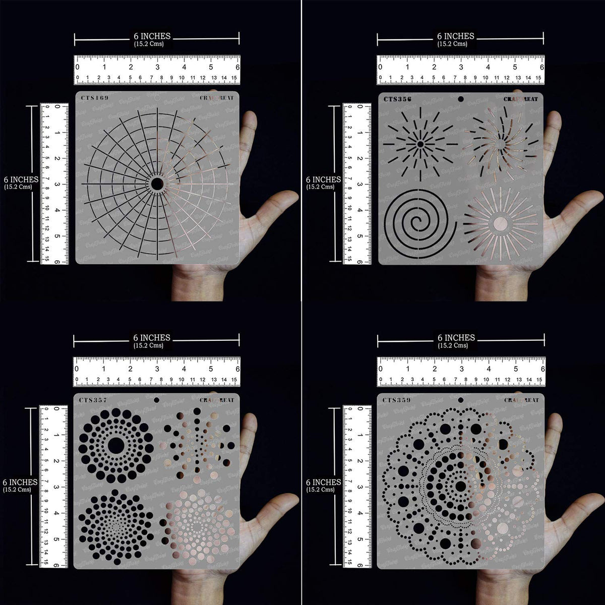 CrafTreat Reusable Dot Mandala Stencils for Painting on Wood, Canvas, Paper, Floor, Wall and Tile - Dot Mandala Basics, Outlines, Round and Radar - 4 Pcs - 6x6 Inches Each - DIY Craft Stencils