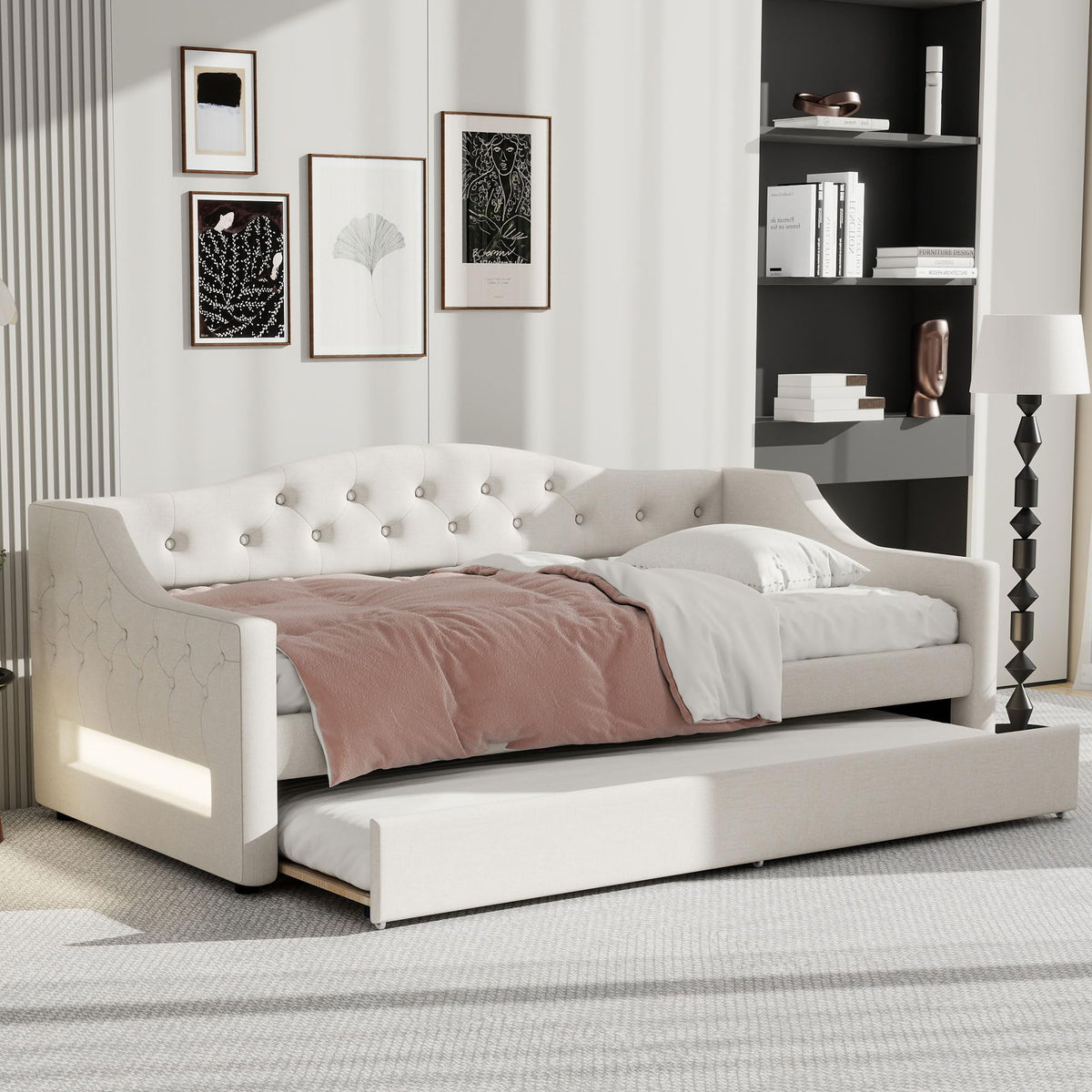GDFStudio Twin XL Upholstered Daybed with Linen Fabric, LED Lighting Belt, Pull-Out Trundle, Sturdy Pine Wood Frame with Slats, Modern Beige Platform Bed for Users, No Box Spring Required, Beige