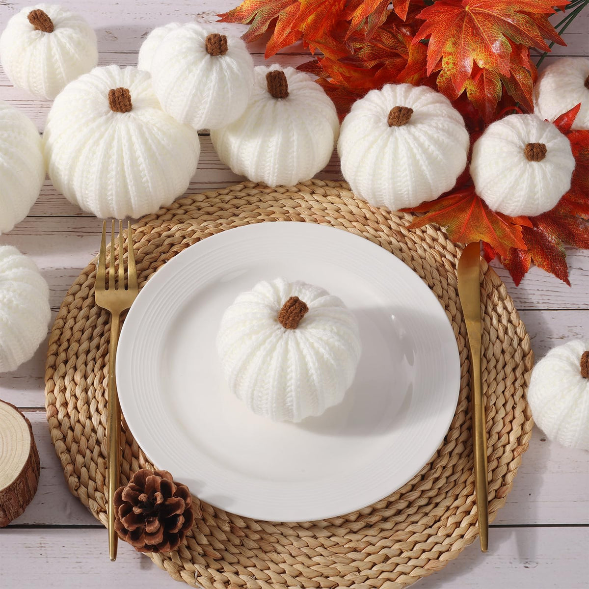12-Pack Fall Crochet Pumpkins Handmade Fall Decor Set with 2.36, 3.15, 4inch Sizes Knit Pumpkins Farmhouse Thanksgiving Table Centerpiece, Halloween Decorations (White)