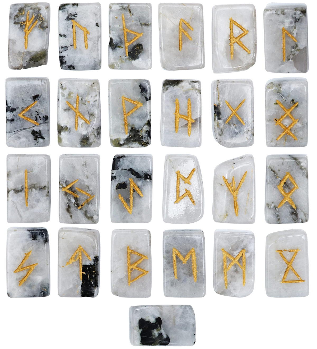 Crocon rectangle shape gemstone runes with Elder Futhark Alphabet Engraved |25 pcs rune set |Crystal Divination Healing Chakra Reiki set| with a pouch|Size: 20-25mm (Rainbow moonstone rune)