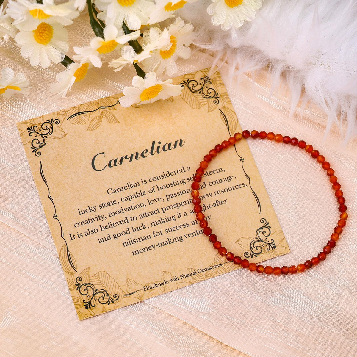 BONNY BOXX Natural Genuine Gemstone Faceted Round Beads Bracelets, 3mm Adjustable Stretchy Tiny Faceted Carnelian Bracelet, Healing Crystal Reiki Chakra Dainty Jewelry Fashion Gifts