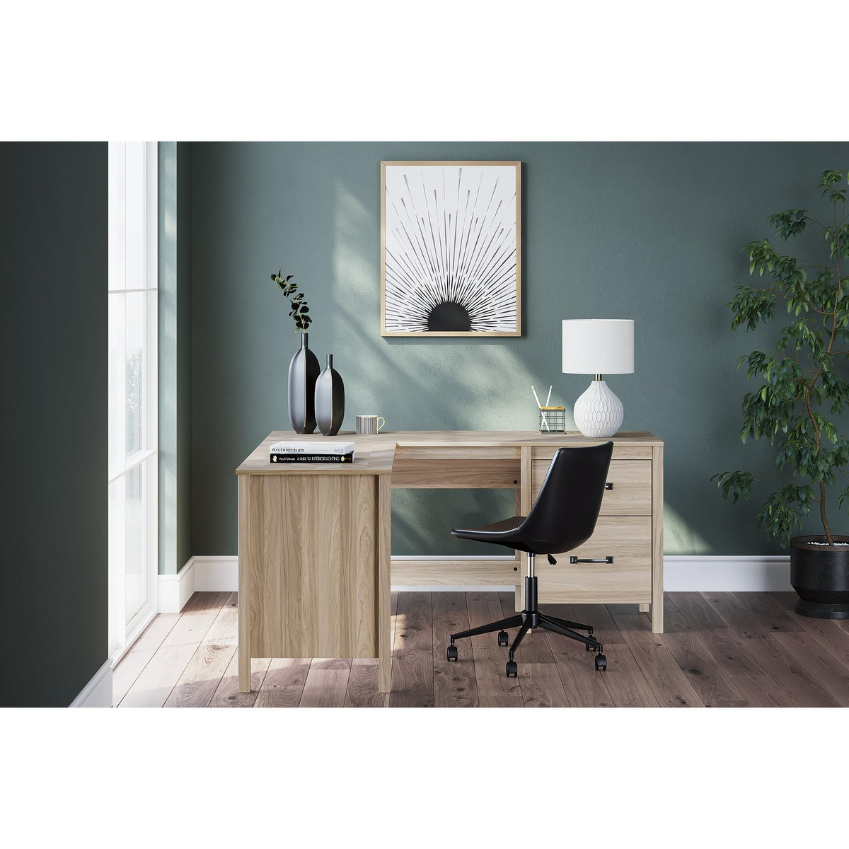 Signature Design by Ashley Battelle Scandinavian 60" Home Office Desk with Return, Drawer and Cabinet, Light Brown